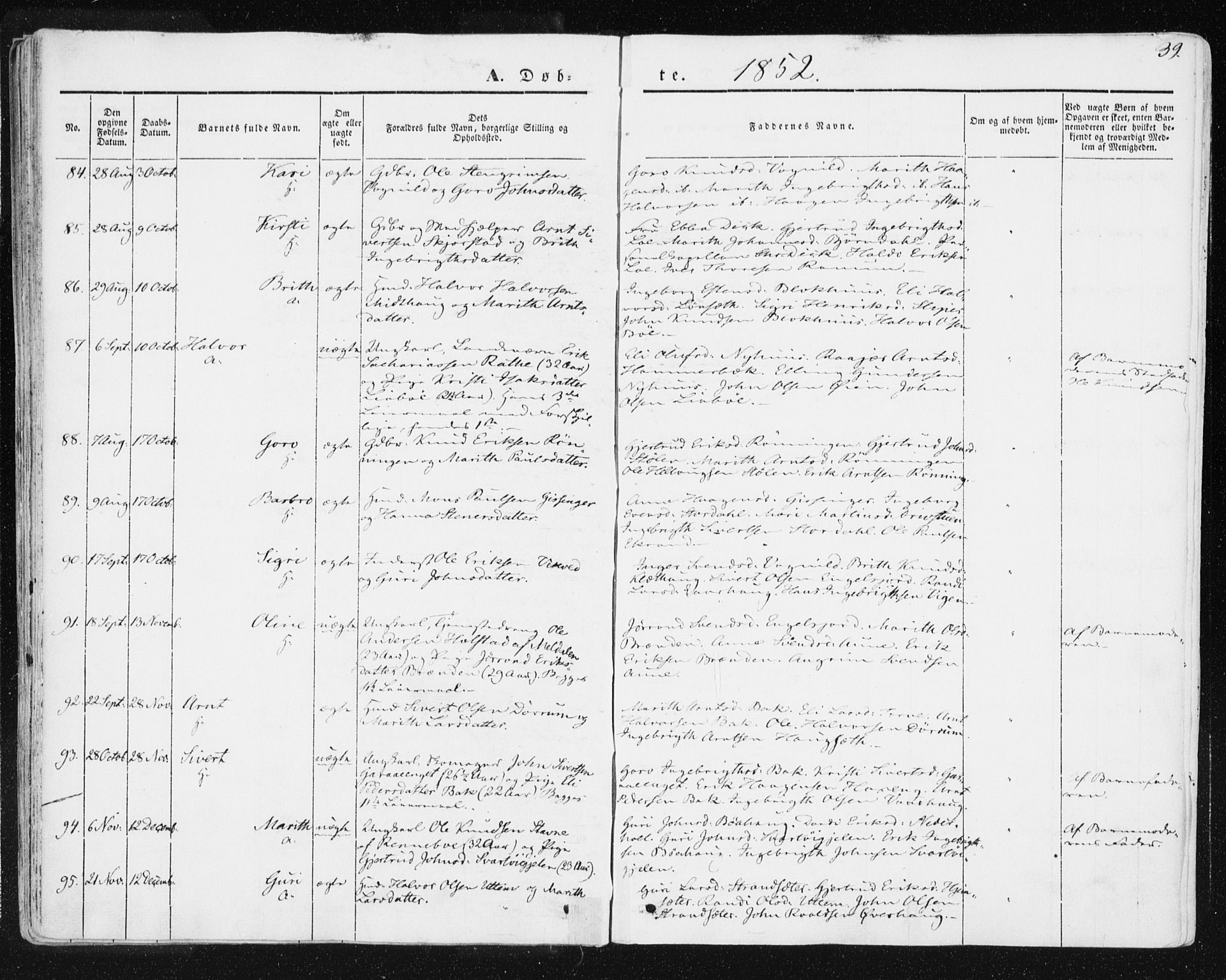 Ministerialprotokoller, klokkerbøker og fødselsregistre - Sør-Trøndelag, SAT/A-1456/678/L0899: Ministerialbok nr. 678A08, 1848-1872, s. 39