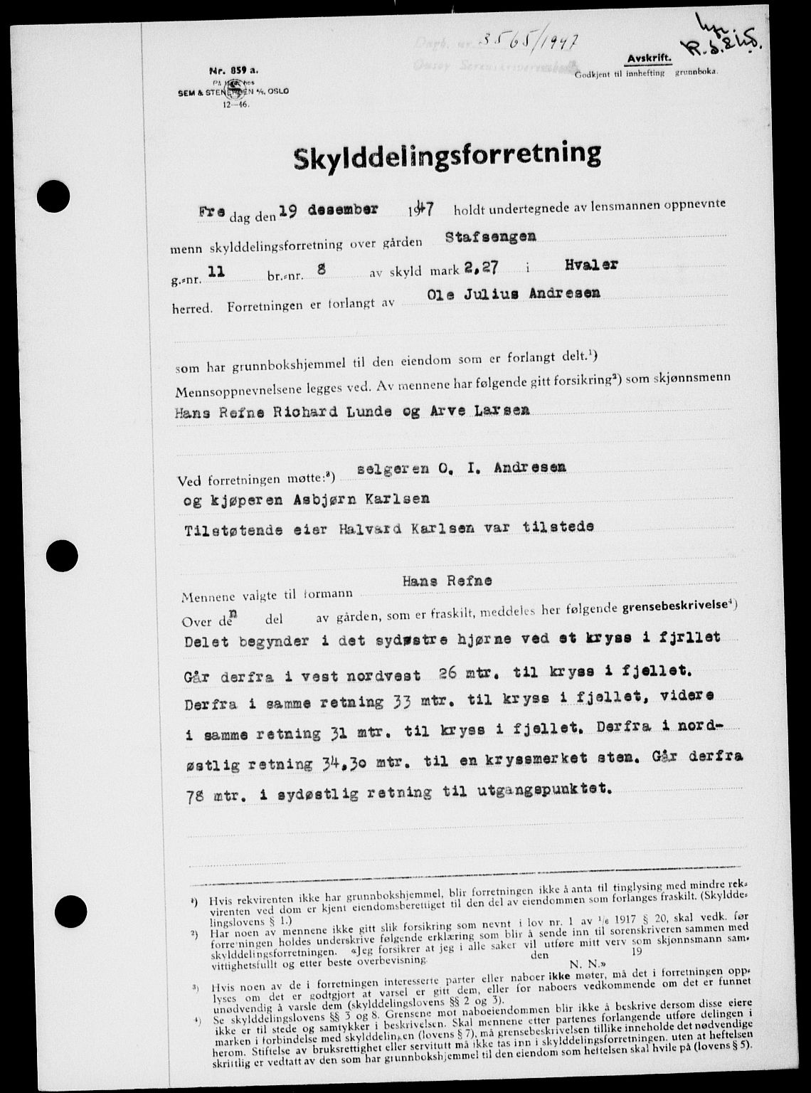Onsøy sorenskriveri, SAO/A-10474/G/Ga/Gab/L0022: Pantebok nr. II A-22, 1947-1948, Dagboknr: 3565/1947