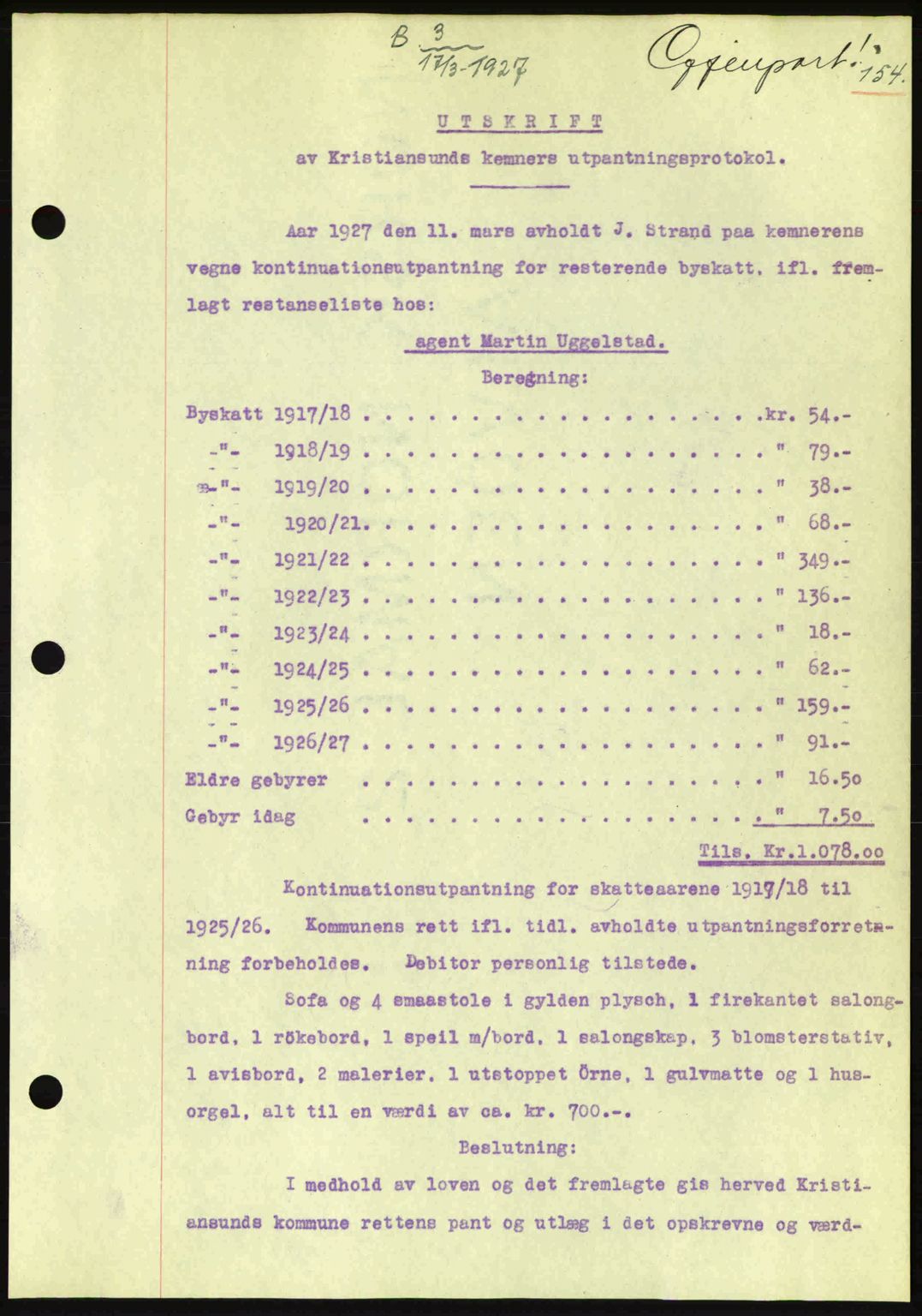 Kristiansund byfogd, AV/SAT-A-4587/A/27: Pantebok nr. 21, 1926-1928, Tingl.dato: 17.03.1927
