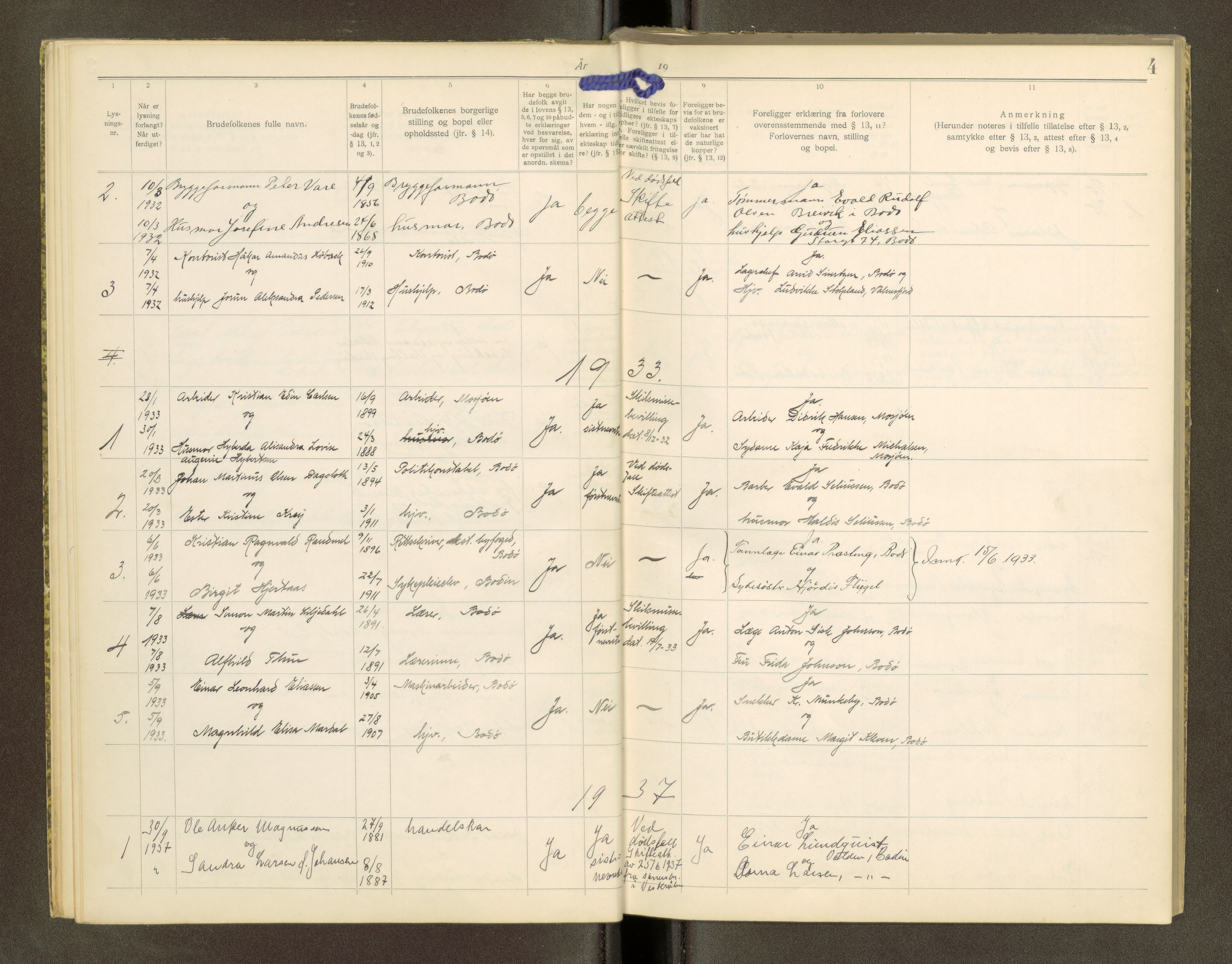 Bodø sorenskriveri, AV/SAT-A-0022/1/6/6D/L0001: Vigsel og lysningsprotokoller, 1919-1947, s. 4