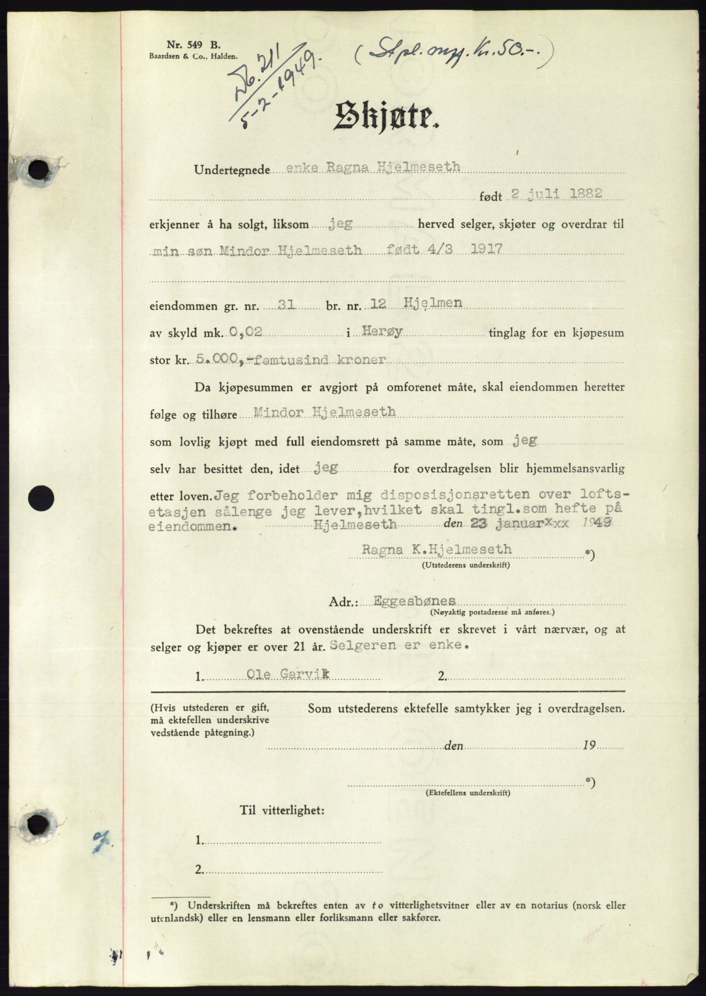 Søre Sunnmøre sorenskriveri, AV/SAT-A-4122/1/2/2C/L0084: Pantebok nr. 10A, 1949-1949, Dagboknr: 211/1949