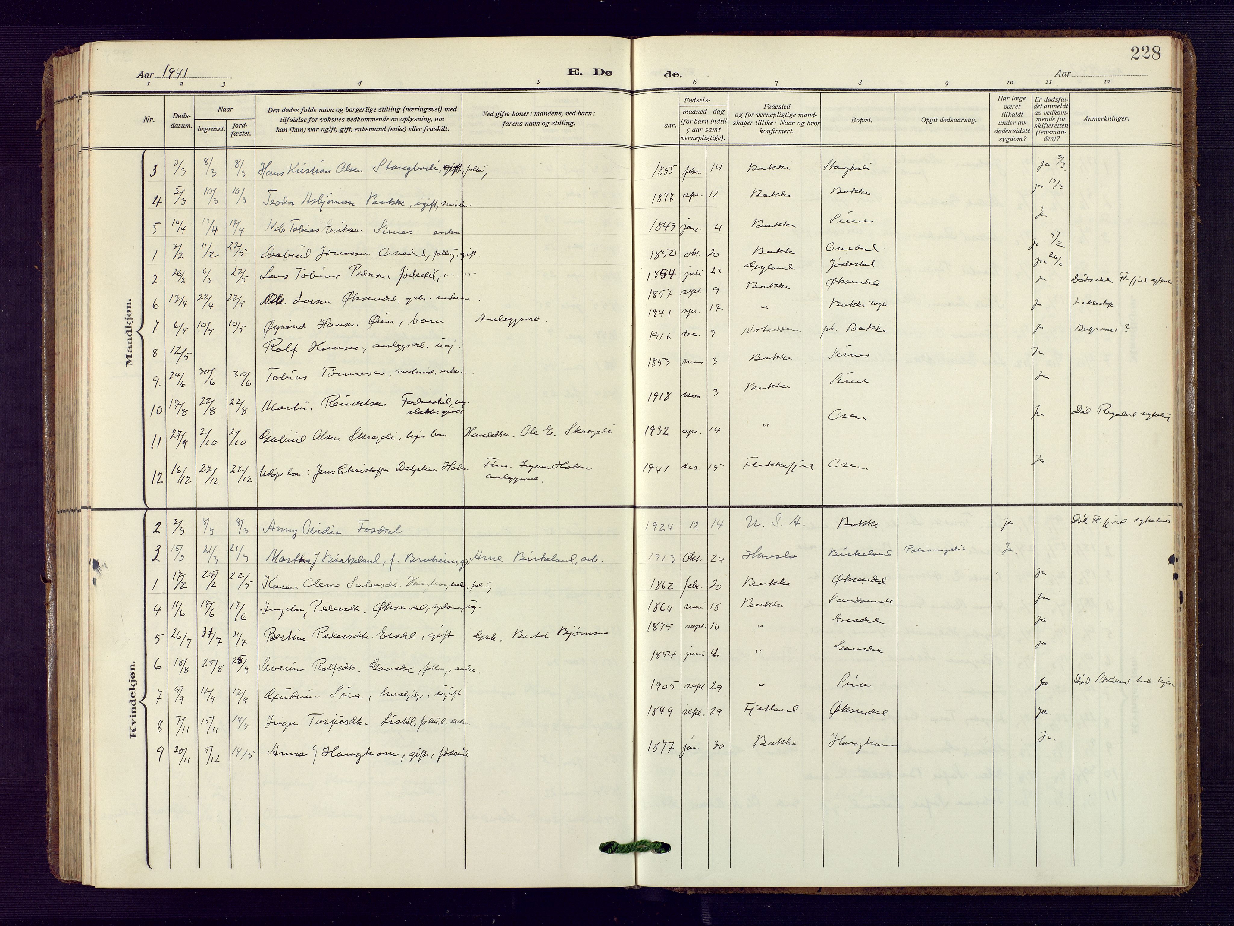 Bakke sokneprestkontor, SAK/1111-0002/F/Fb/Fba/L0004: Klokkerbok nr. B 4, 1911-1946, s. 228