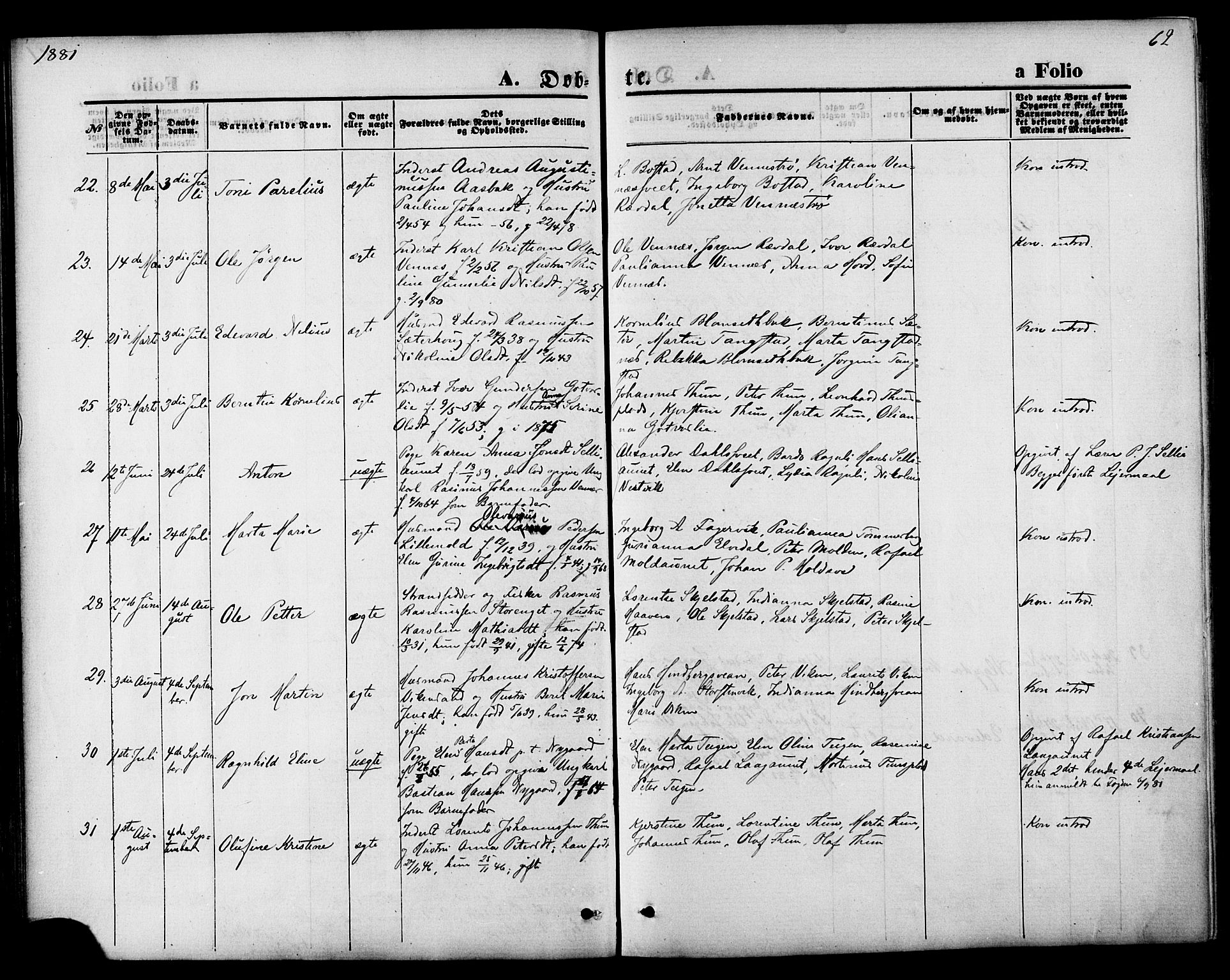 Ministerialprotokoller, klokkerbøker og fødselsregistre - Nord-Trøndelag, SAT/A-1458/744/L0419: Ministerialbok nr. 744A03, 1867-1881, s. 62