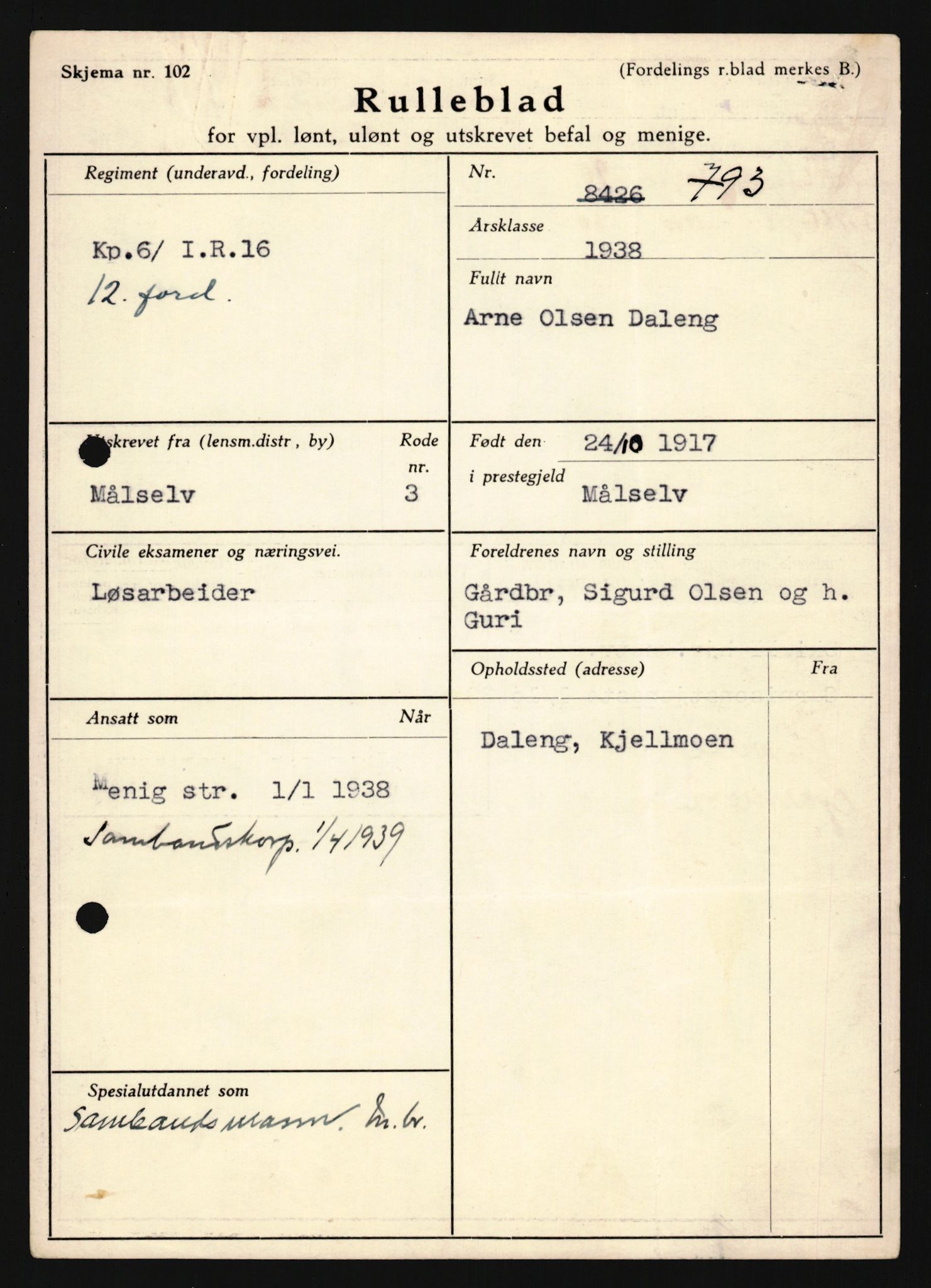 Forsvaret, Troms infanteriregiment nr. 16, AV/RA-RAFA-3146/P/Pa/L0022: Rulleblad for regimentets menige mannskaper, årsklasse 1938, 1938, s. 173