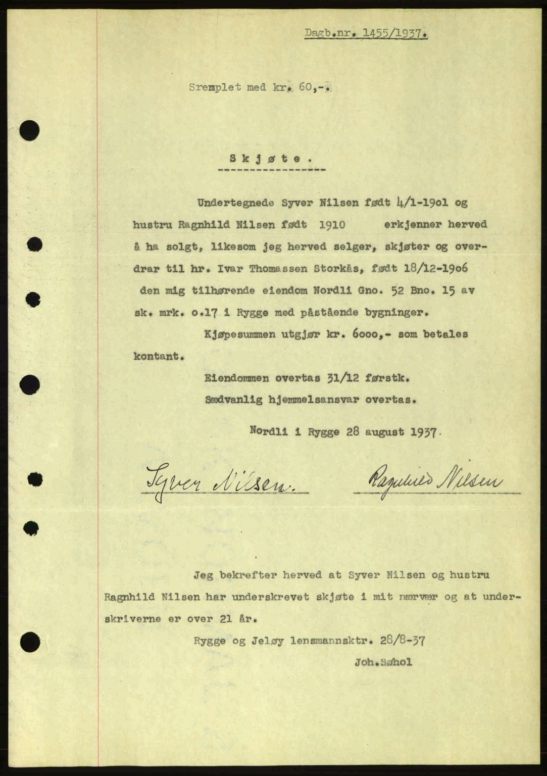 Moss sorenskriveri, SAO/A-10168: Pantebok nr. A3, 1937-1938, Dagboknr: 1455/1937
