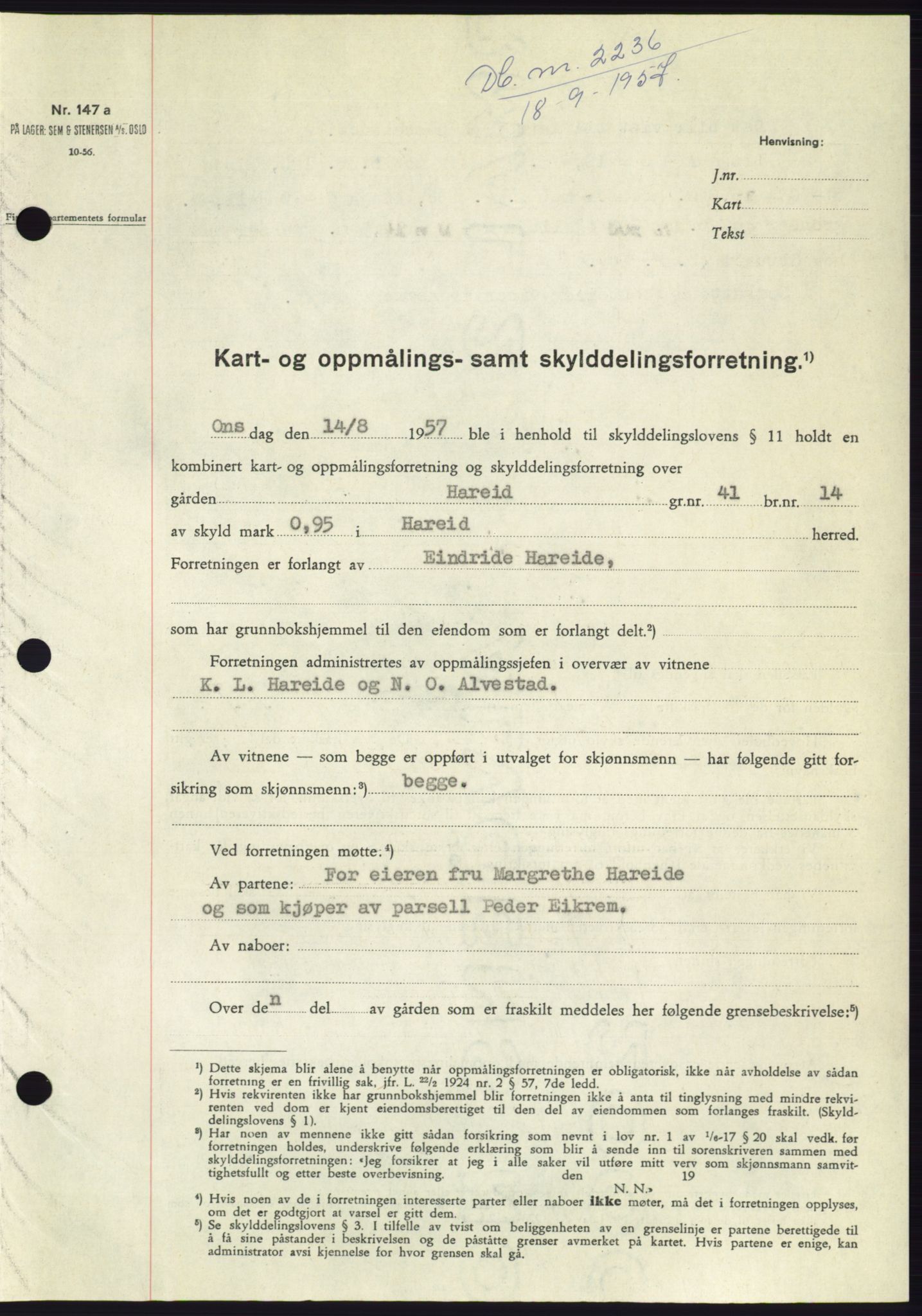 Søre Sunnmøre sorenskriveri, SAT/A-4122/1/2/2C/L0107: Pantebok nr. 33A, 1957-1957, Dagboknr: 2236/1957