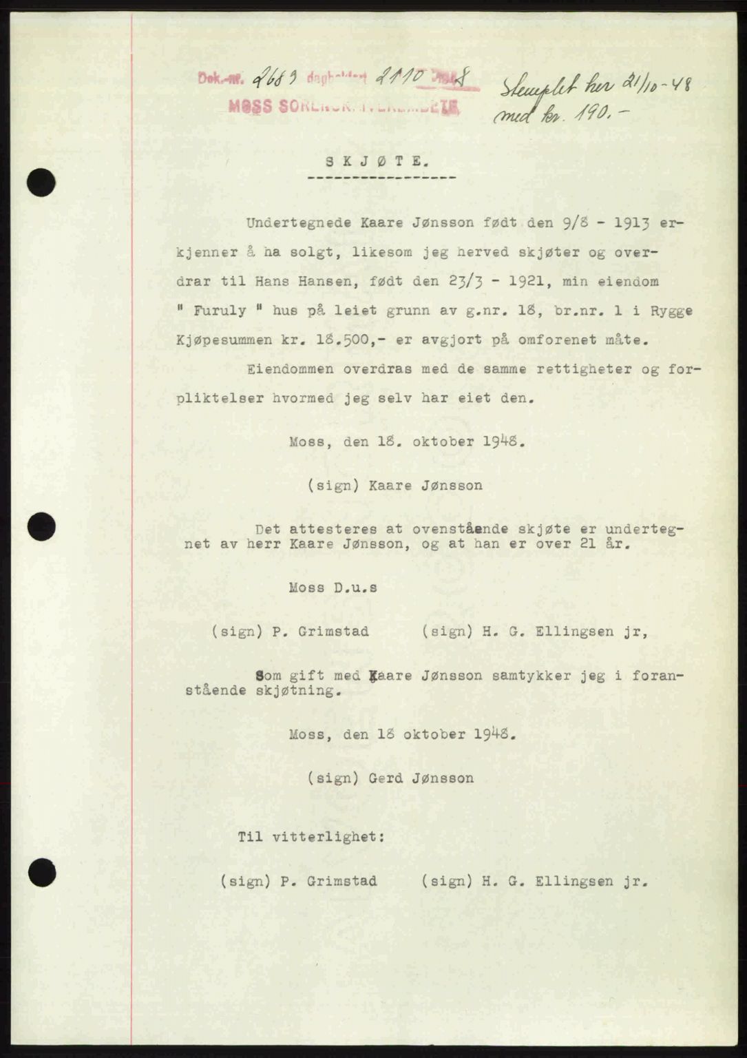 Moss sorenskriveri, SAO/A-10168: Pantebok nr. A20, 1948-1948, Dagboknr: 2689/1948