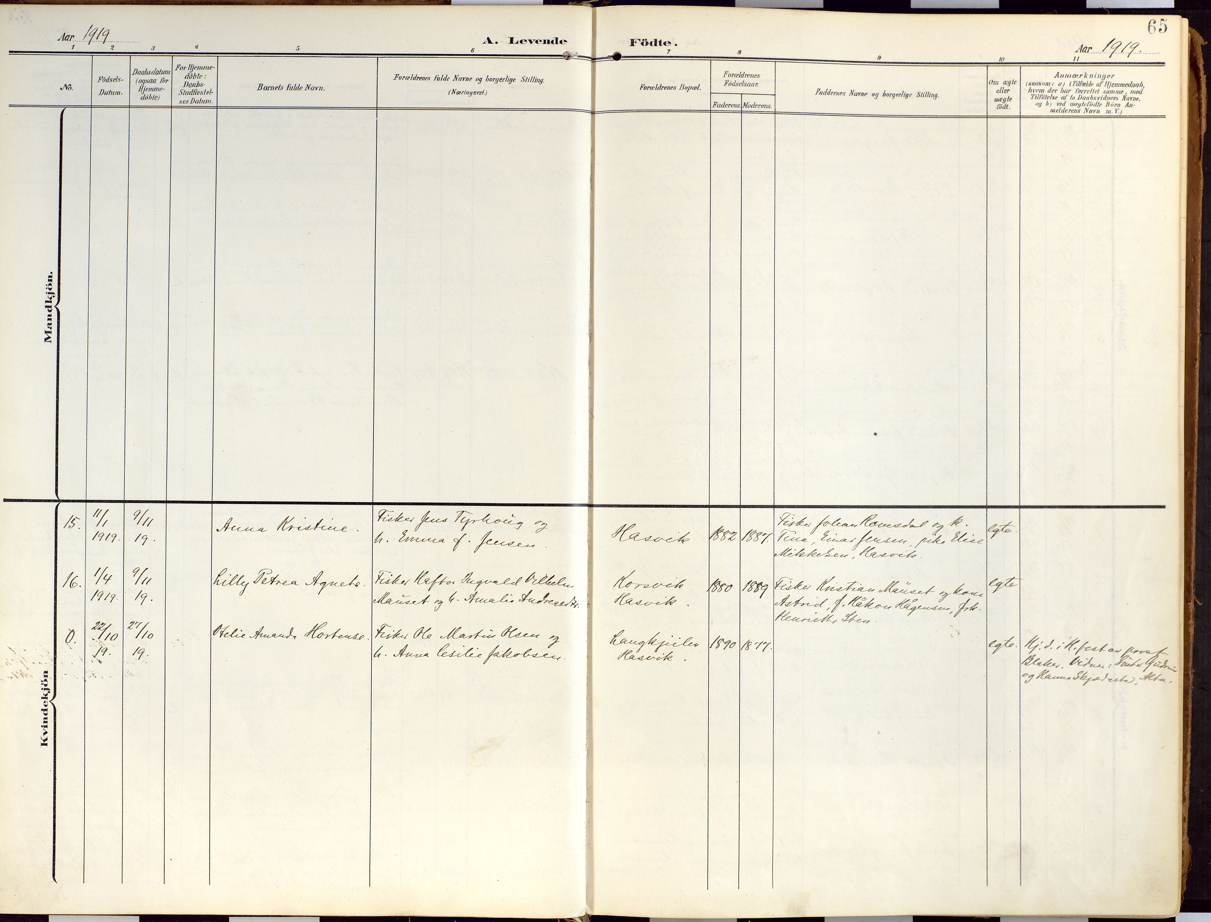 Loppa sokneprestkontor, AV/SATØ-S-1339/H/Ha/L0010kirke: Ministerialbok nr. 10, 1907-1922, s. 65