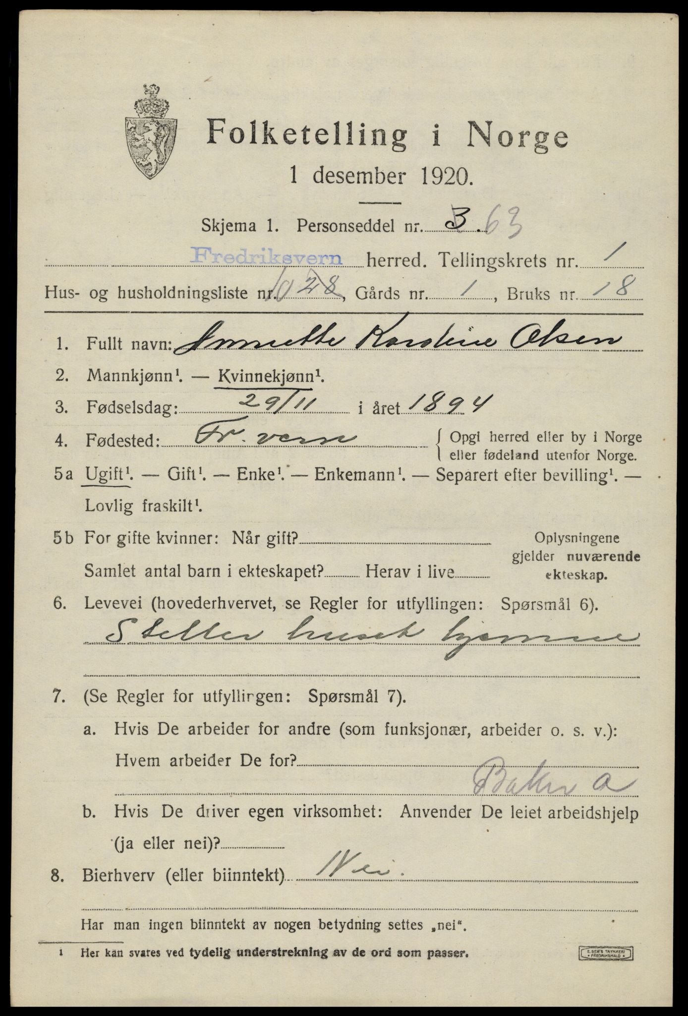 SAKO, Folketelling 1920 for 0798 Fredriksvern herred, 1920, s. 575