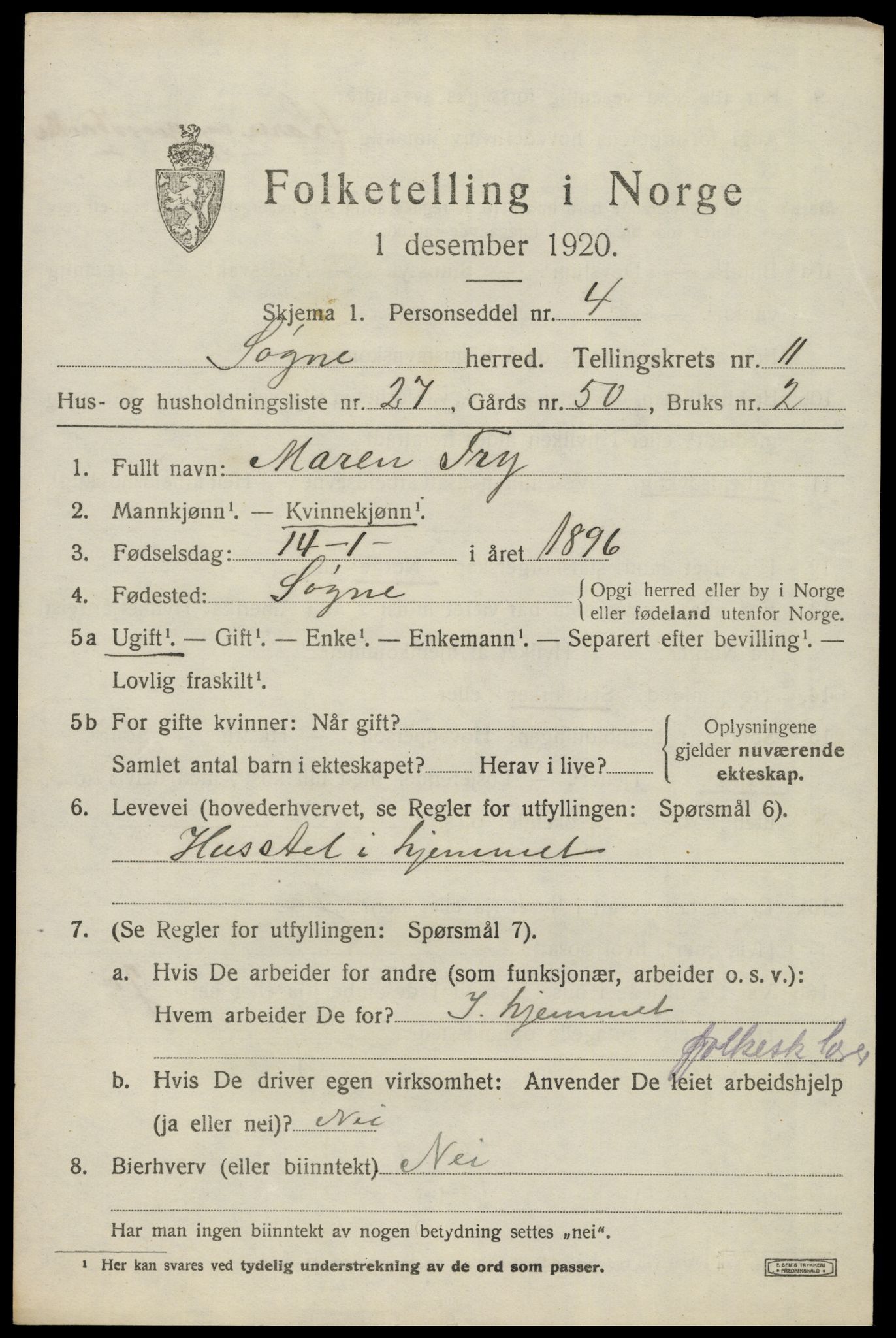 SAK, Folketelling 1920 for 1018 Søgne herred, 1920, s. 5917