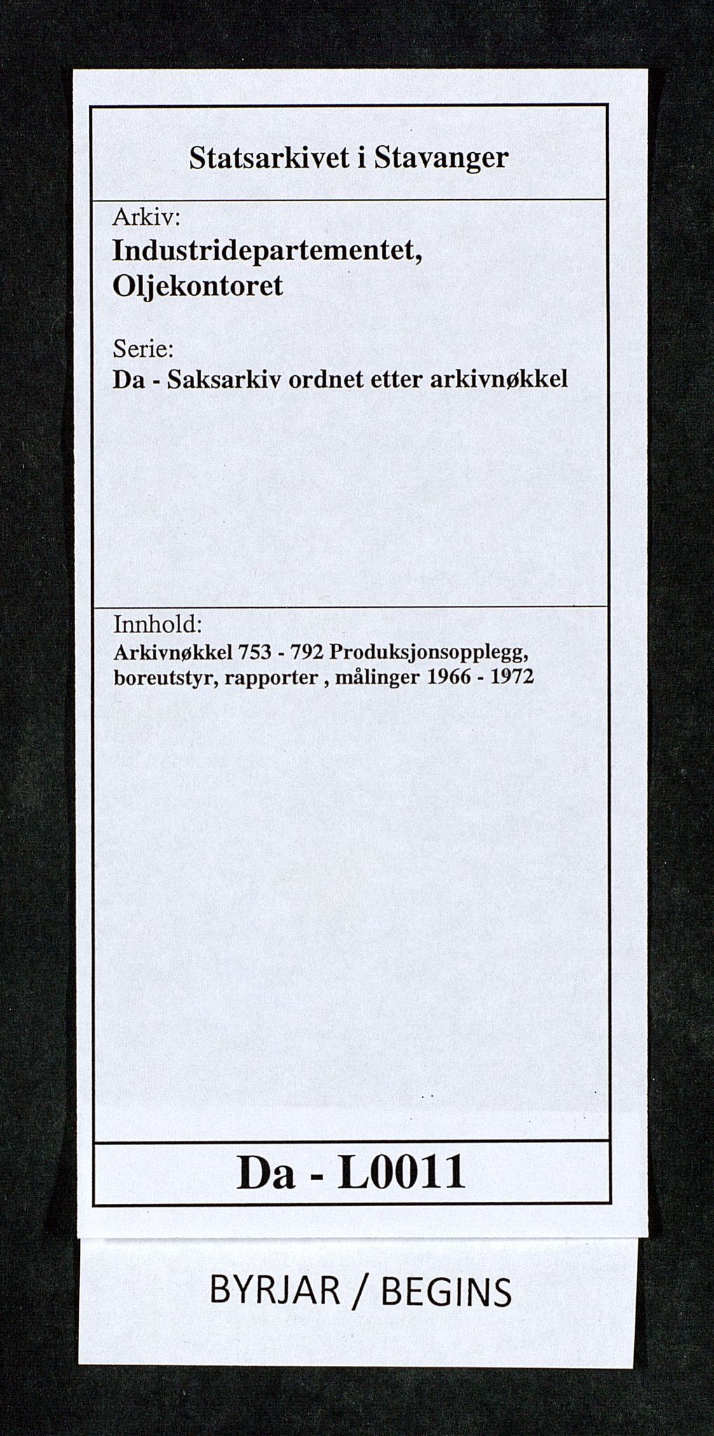 Industridepartementet, Oljekontoret, AV/SAST-A-101348/Da/L0011: Arkivnøkkel 753 - 792 Produksjonsopplegg, boreutstyr, rapporter , målinger, 1966-1972, s. 1