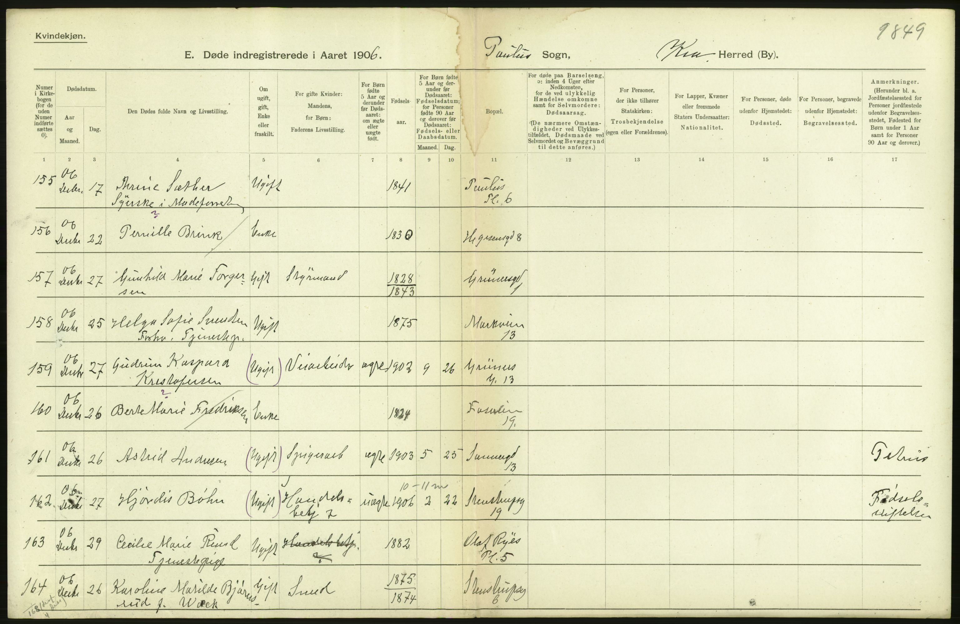 Statistisk sentralbyrå, Sosiodemografiske emner, Befolkning, RA/S-2228/D/Df/Dfa/Dfad/L0009: Kristiania: Døde, 1906, s. 298