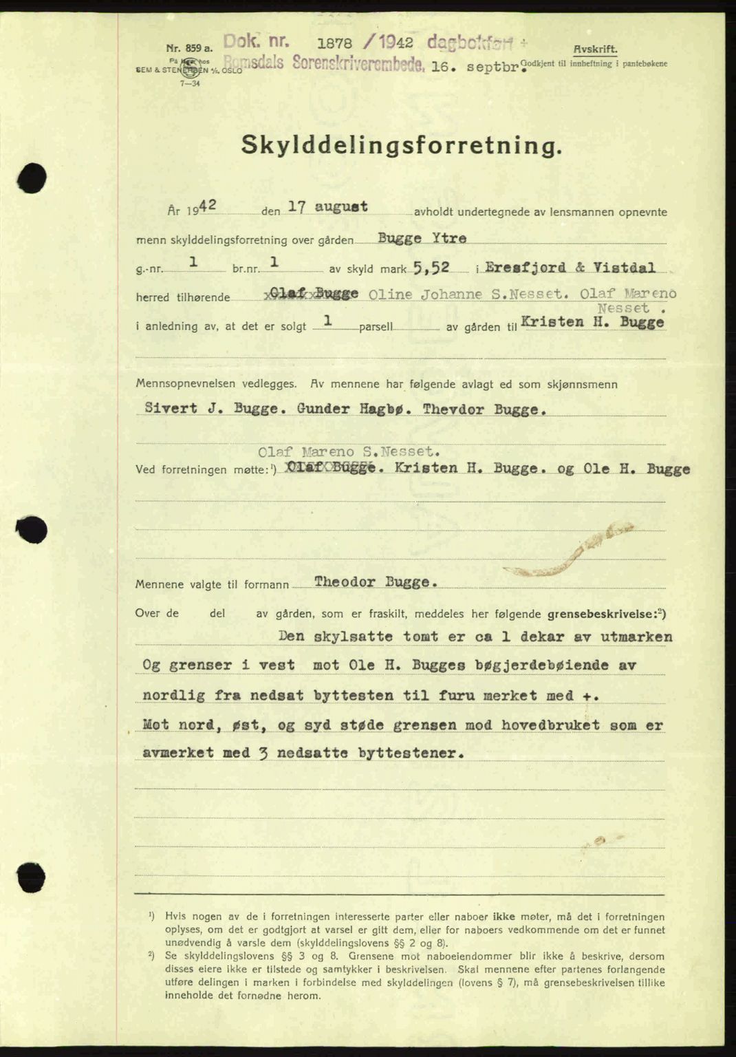Romsdal sorenskriveri, SAT/A-4149/1/2/2C: Pantebok nr. A12, 1942-1942, Dagboknr: 1878/1942