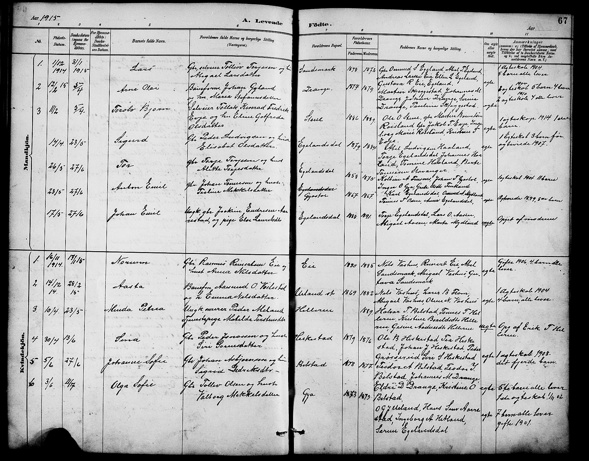 Lund sokneprestkontor, AV/SAST-A-101809/S07/L0007: Klokkerbok nr. B 7, 1890-1925, s. 67