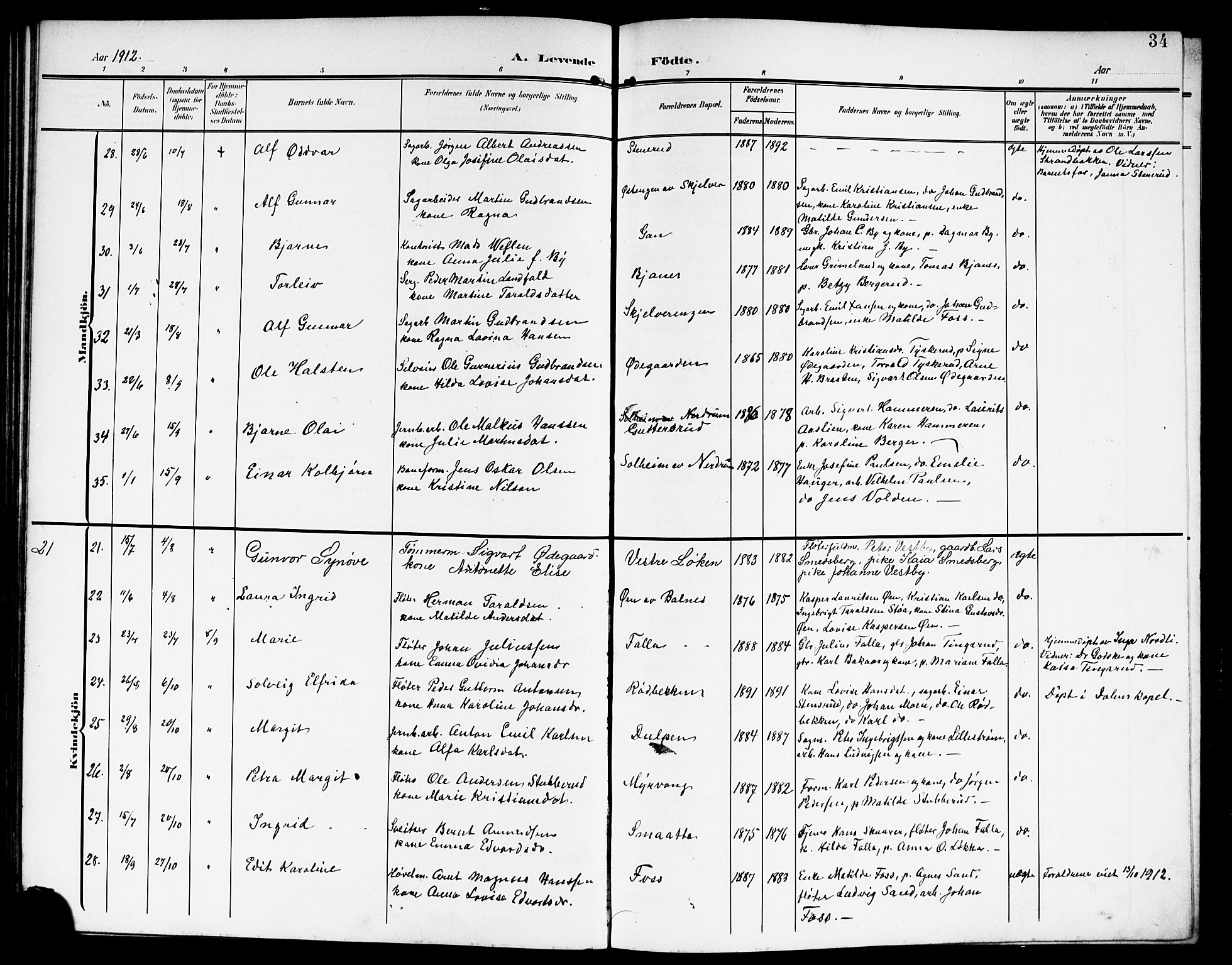 Fet prestekontor Kirkebøker, AV/SAO-A-10370a/G/Ga/L0008: Klokkerbok nr. I 8, 1907-1920, s. 34