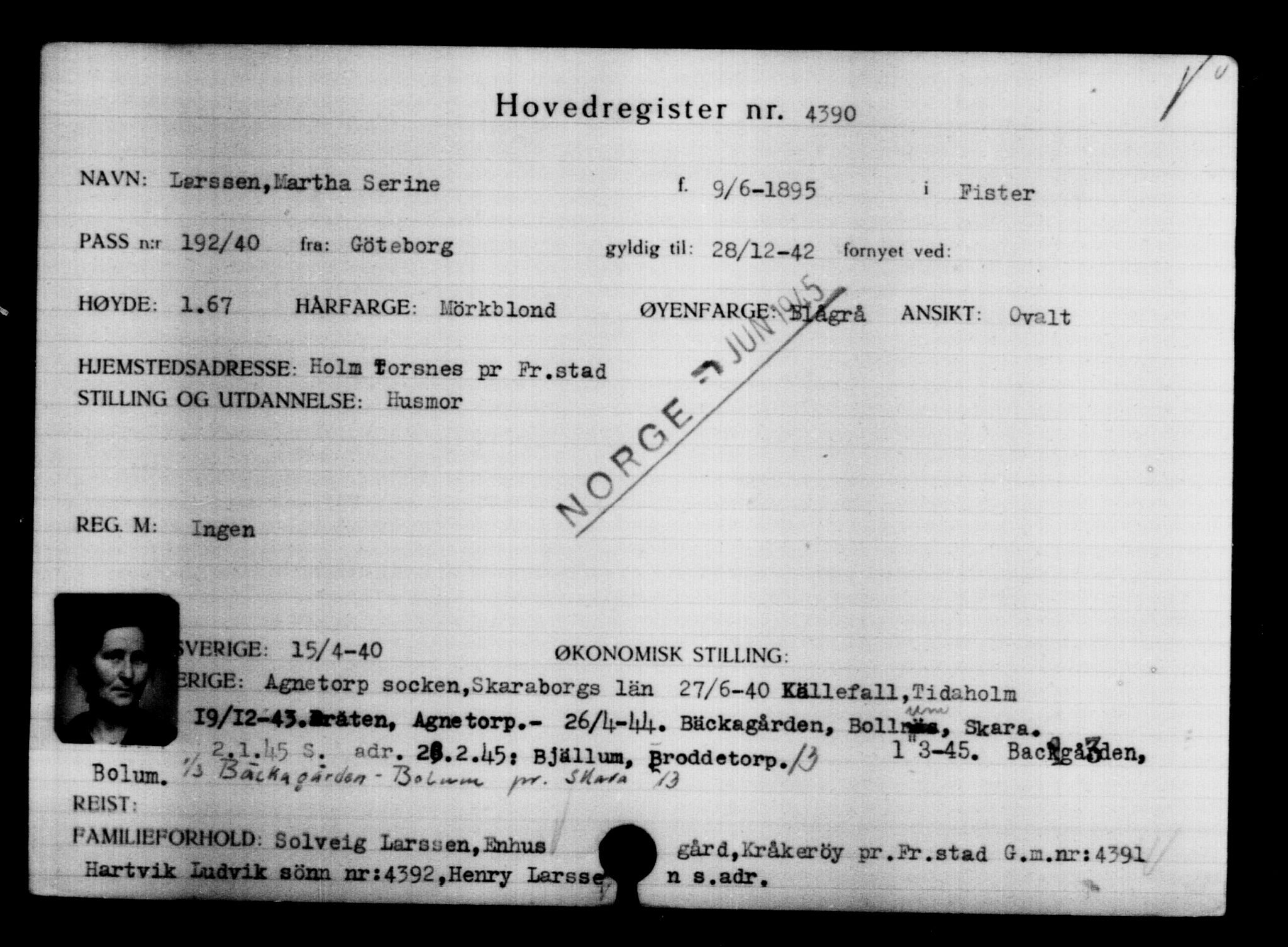 Utenriksstasjonene, Legasjonen i Stockholm, Flyktningkontoret, AV/RA-S-6753/V/Va/L0004: Kjesäterkartoteket, flyktninger med registreringsnr. 3496-6610, 1940-1945, s. 1083