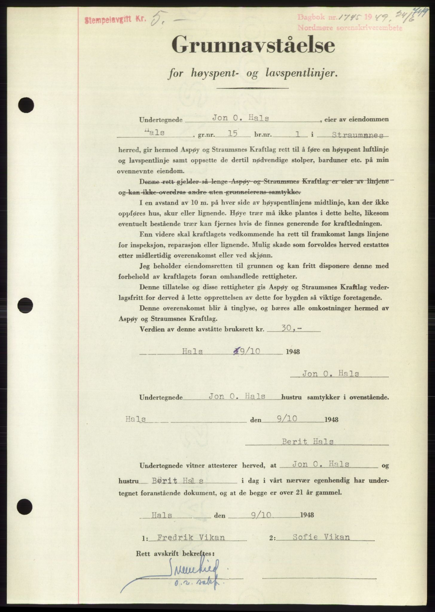 Nordmøre sorenskriveri, AV/SAT-A-4132/1/2/2Ca: Pantebok nr. B101, 1949-1949, Dagboknr: 1745/1949