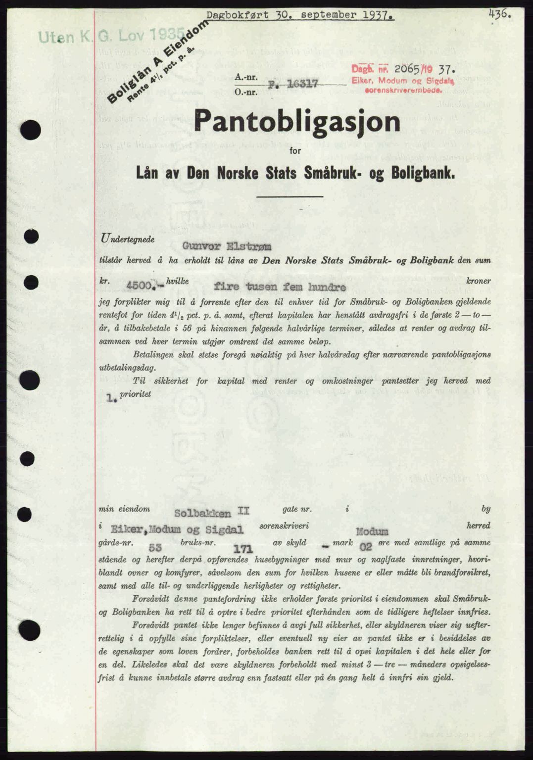 Eiker, Modum og Sigdal sorenskriveri, SAKO/A-123/G/Ga/Gab/L0036: Pantebok nr. A6, 1937-1937, Dagboknr: 2065/1937