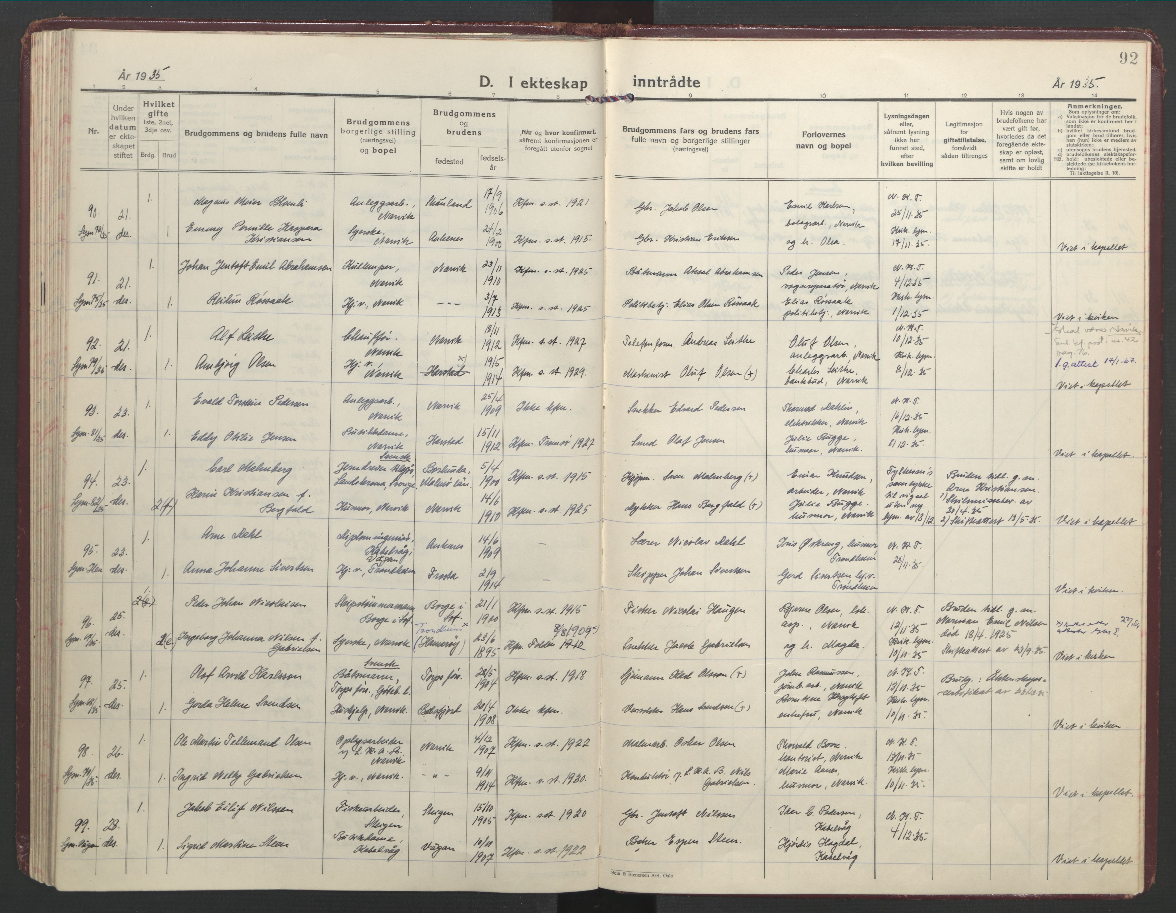 Ministerialprotokoller, klokkerbøker og fødselsregistre - Nordland, AV/SAT-A-1459/871/L1006: Ministerialbok nr. 871A22, 1928-1936, s. 92