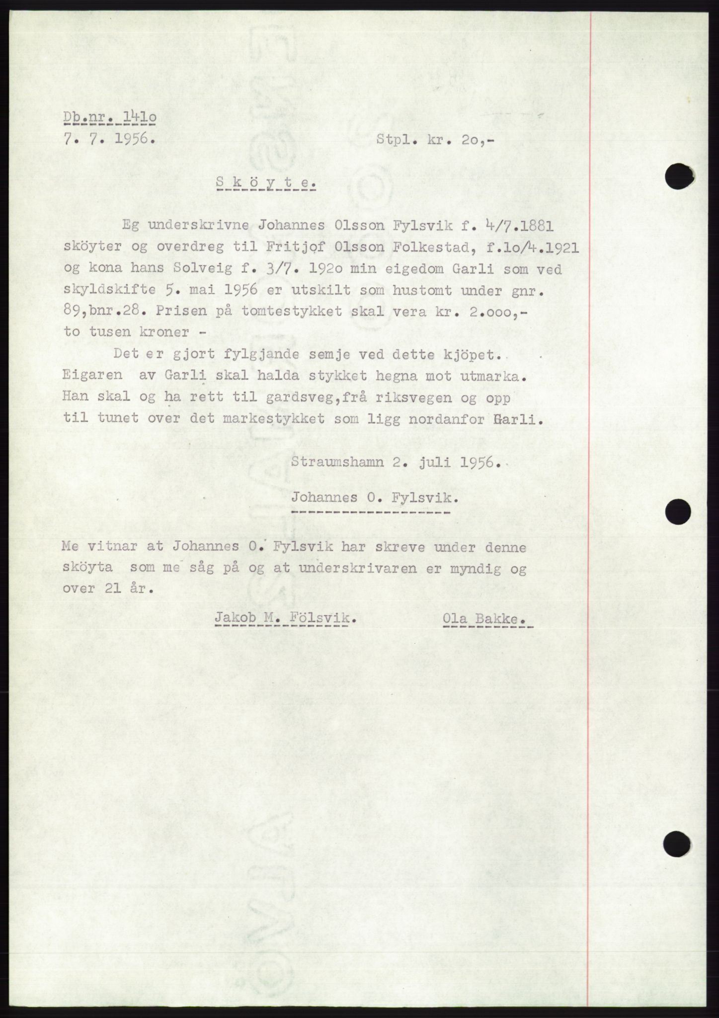 Søre Sunnmøre sorenskriveri, AV/SAT-A-4122/1/2/2C/L0104: Pantebok nr. 30A, 1956-1956, Dagboknr: 1410/1956