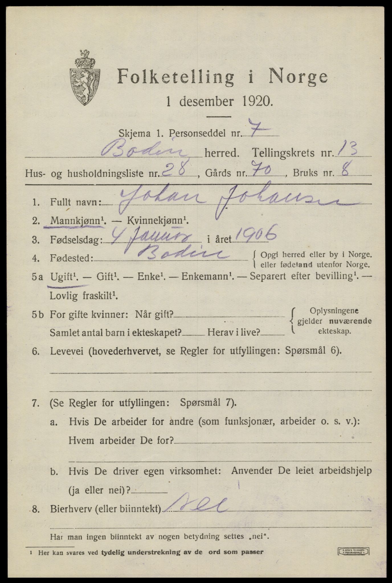 SAT, Folketelling 1920 for 1843 Bodin herred, 1920, s. 9658