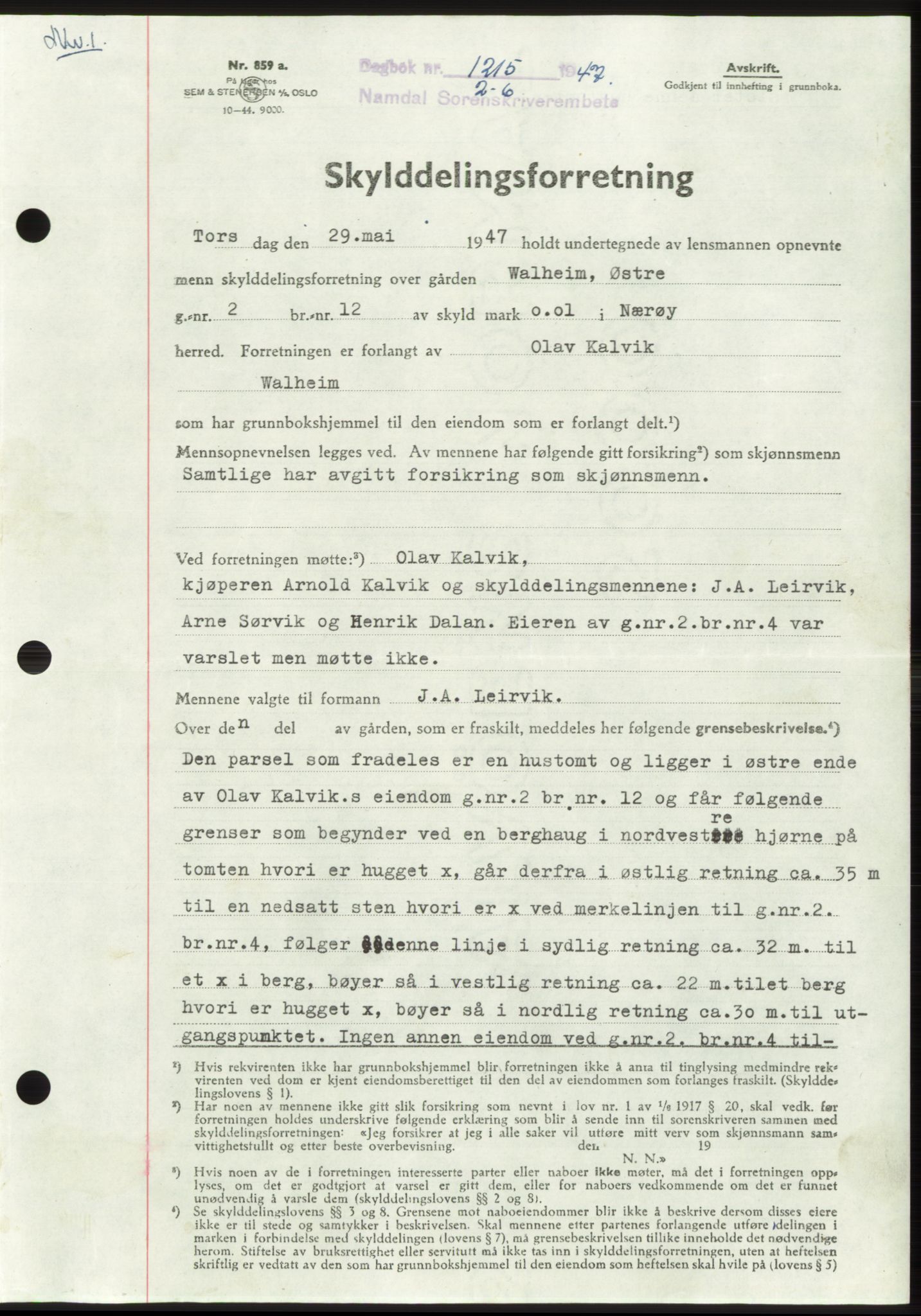 Namdal sorenskriveri, SAT/A-4133/1/2/2C: Pantebok nr. -, 1947-1947, Dagboknr: 1215/1947