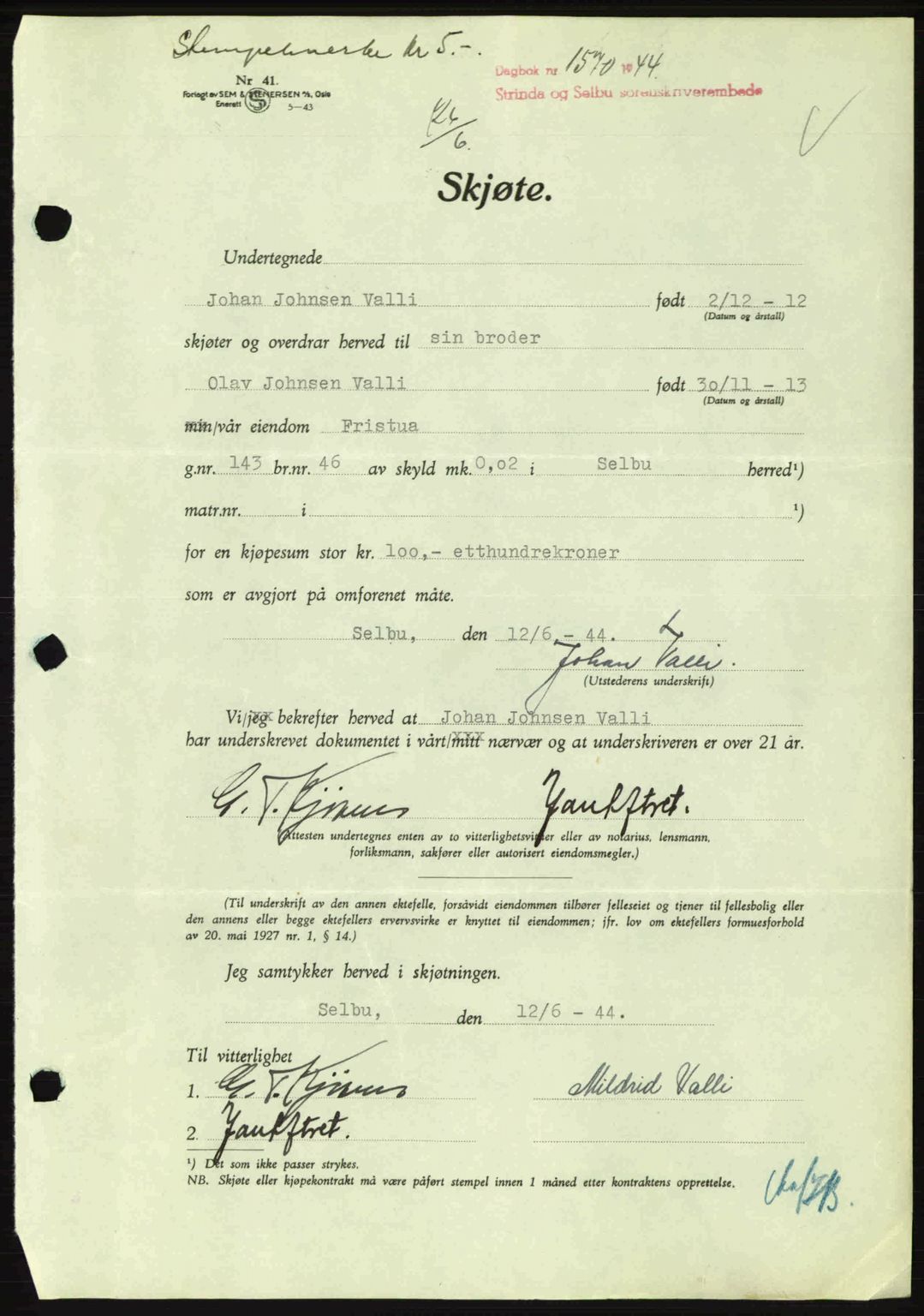 Strinda og Selbu sorenskriveri, SAT/A-0015/2/2C: Pantebok nr. A9, 1944-1945, Dagboknr: 1570/1944