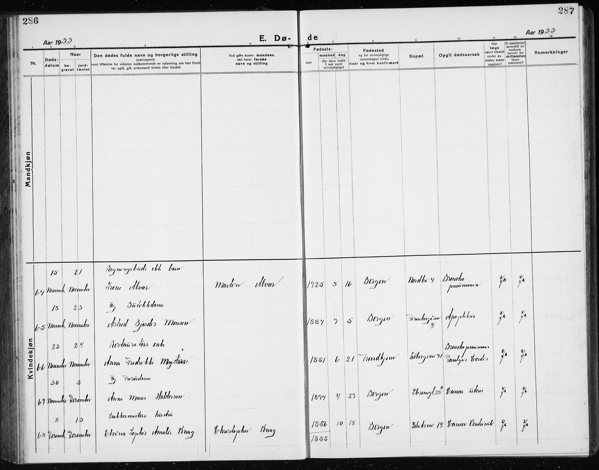 Årstad Sokneprestembete, AV/SAB-A-79301/H/Hab/L0025: Klokkerbok nr. D 2, 1922-1940, s. 286-287