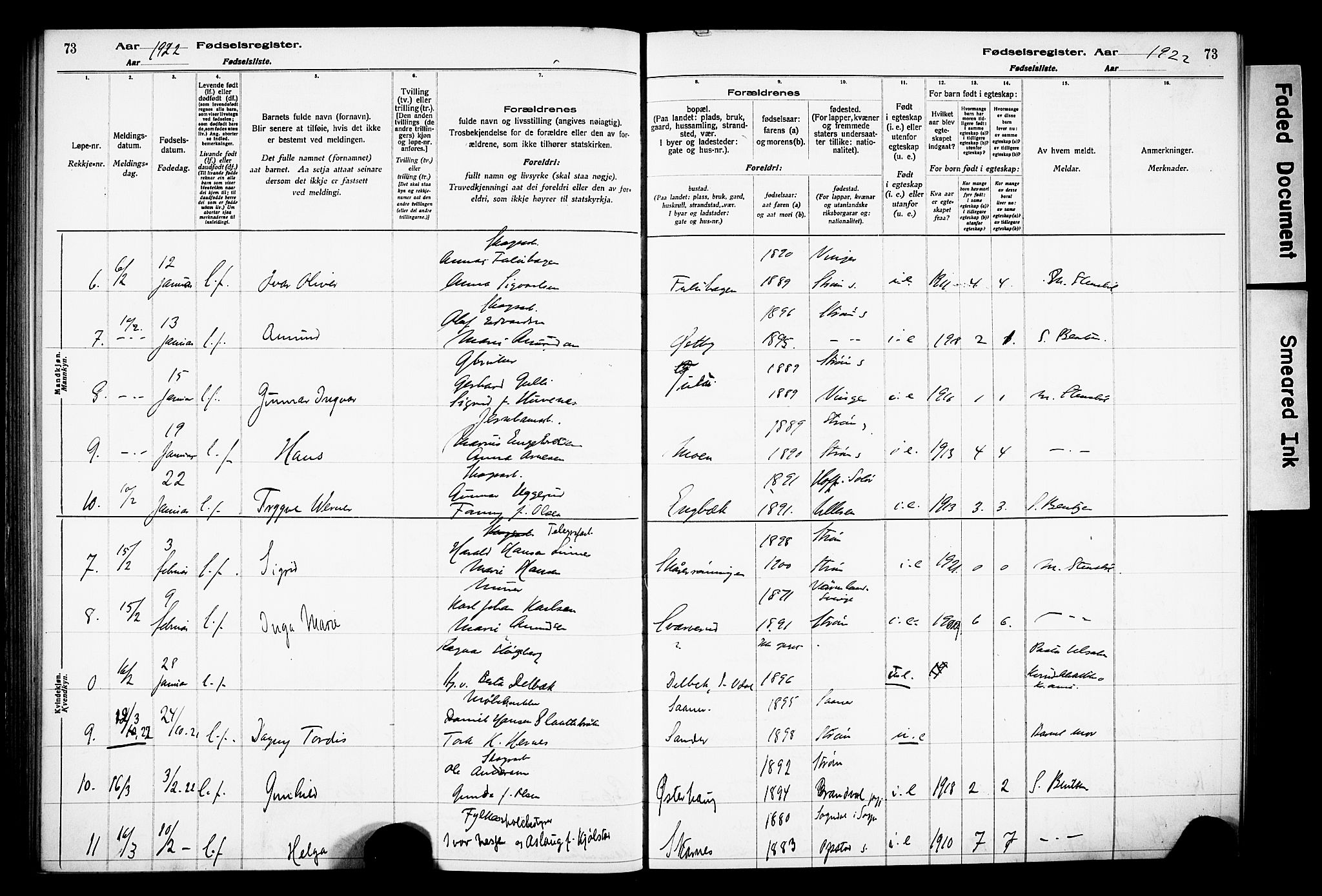 Sør-Odal prestekontor, SAH/PREST-030/I/Id: Fødselsregister nr. 1, 1916-1931, s. 73