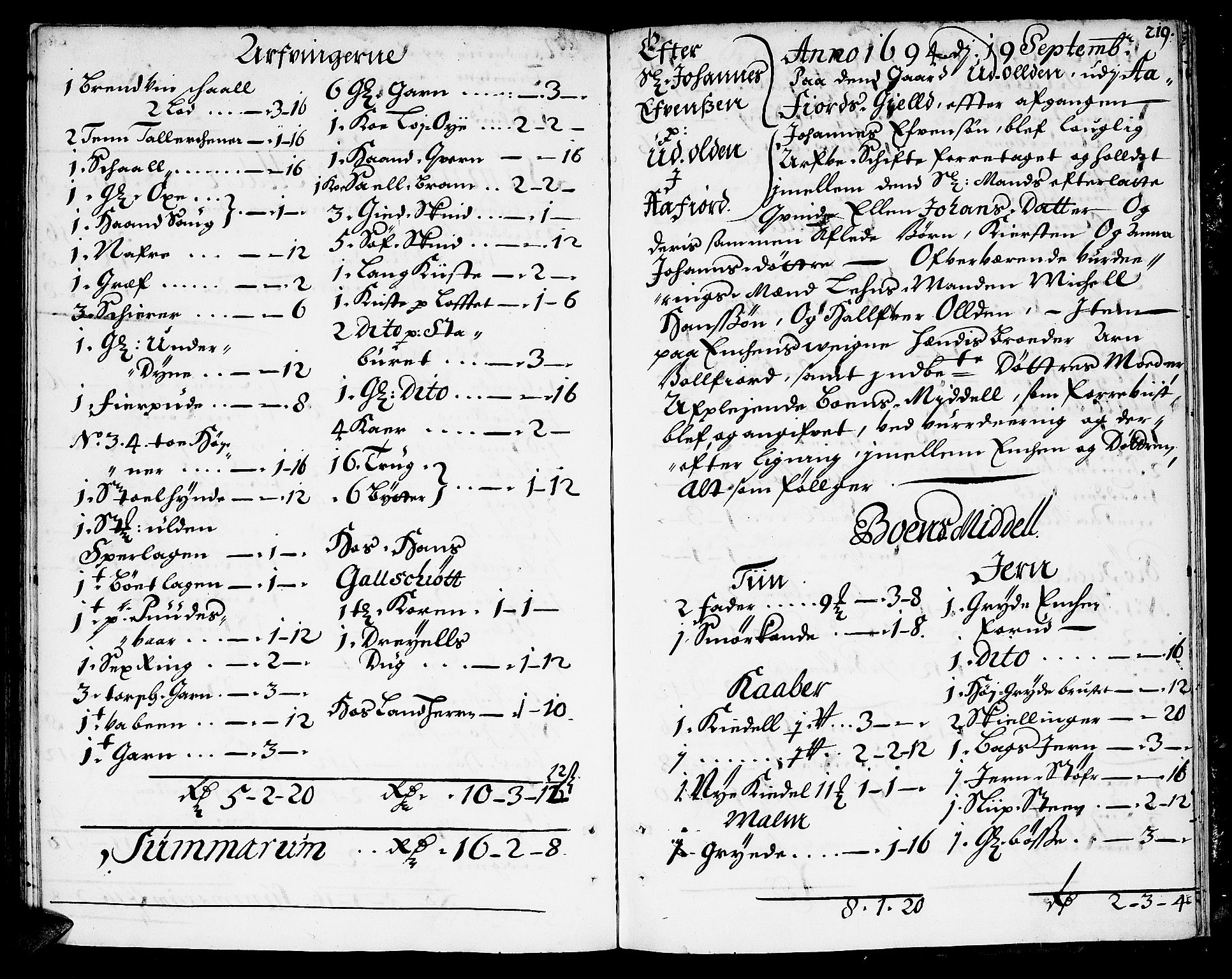 Fosen sorenskriveri, AV/SAT-A-1107/1/3/3A/L0002: Skifteprotokoll, 1688-1695, s. 218b-219a