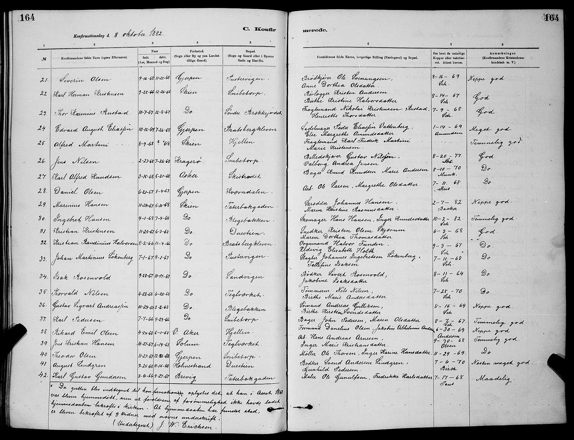 Skien kirkebøker, AV/SAKO-A-302/G/Ga/L0006: Klokkerbok nr. 6, 1881-1890, s. 164