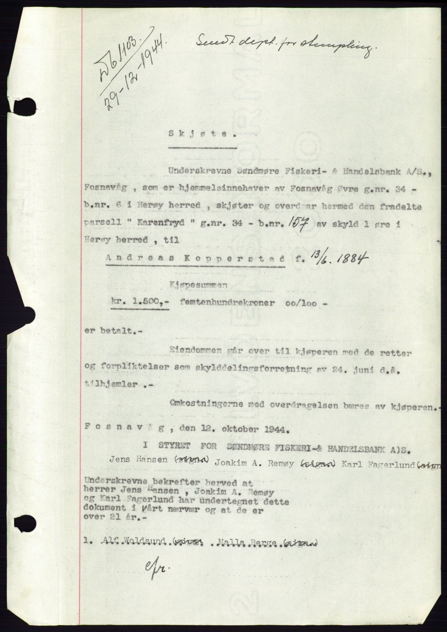 Søre Sunnmøre sorenskriveri, AV/SAT-A-4122/1/2/2C/L0076: Pantebok nr. 2A, 1943-1944, Dagboknr: 1103/1944