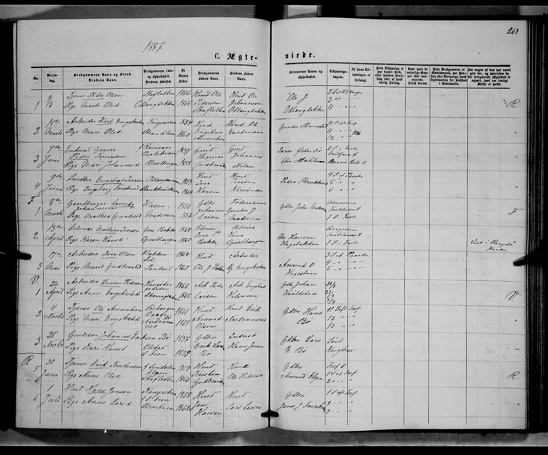 Ringebu prestekontor, AV/SAH-PREST-082/H/Ha/Hab/L0006: Klokkerbok nr. 6, 1880-1898, s. 268