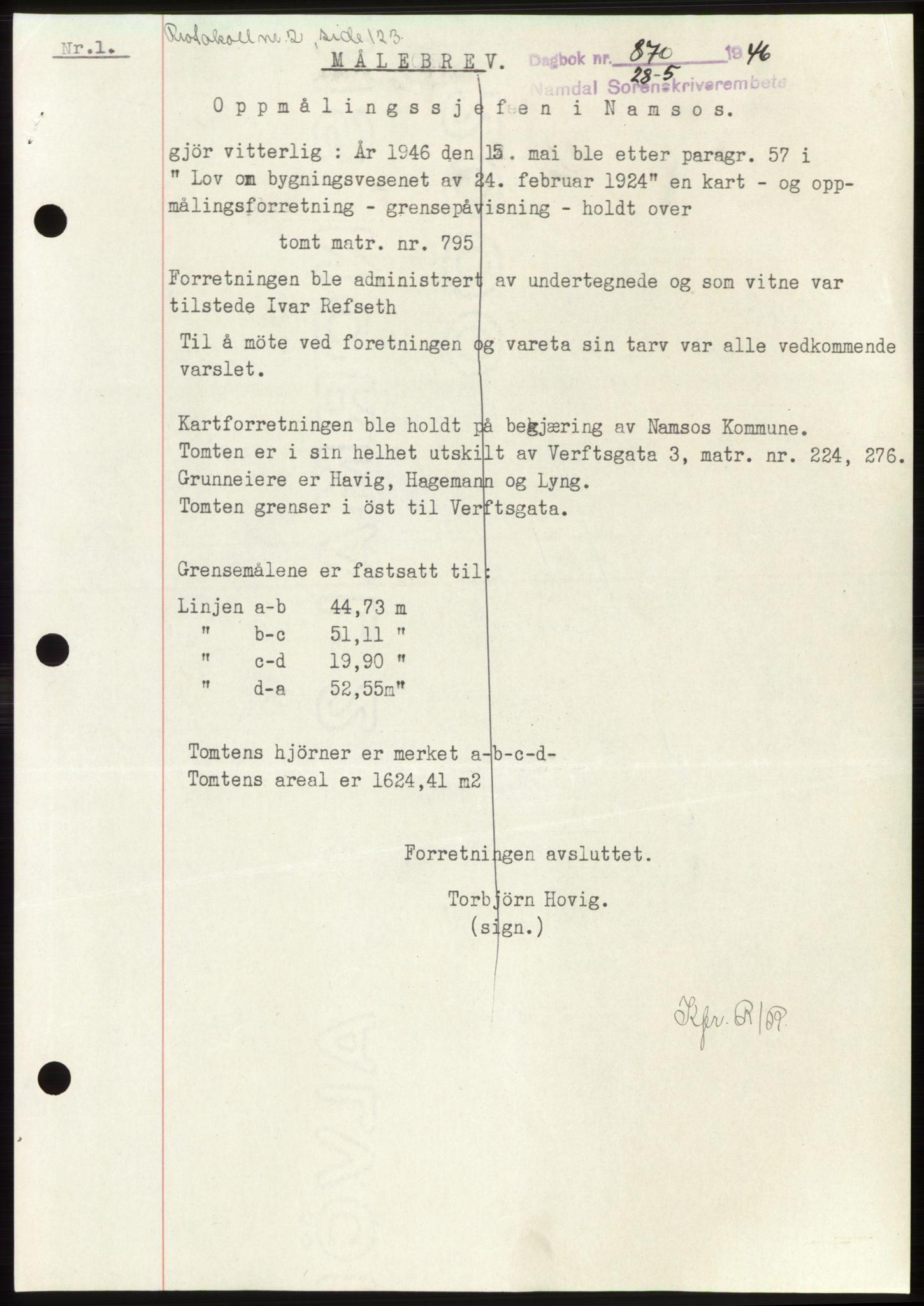 Namdal sorenskriveri, SAT/A-4133/1/2/2C: Pantebok nr. -, 1946-1946, Dagboknr: 870/1946