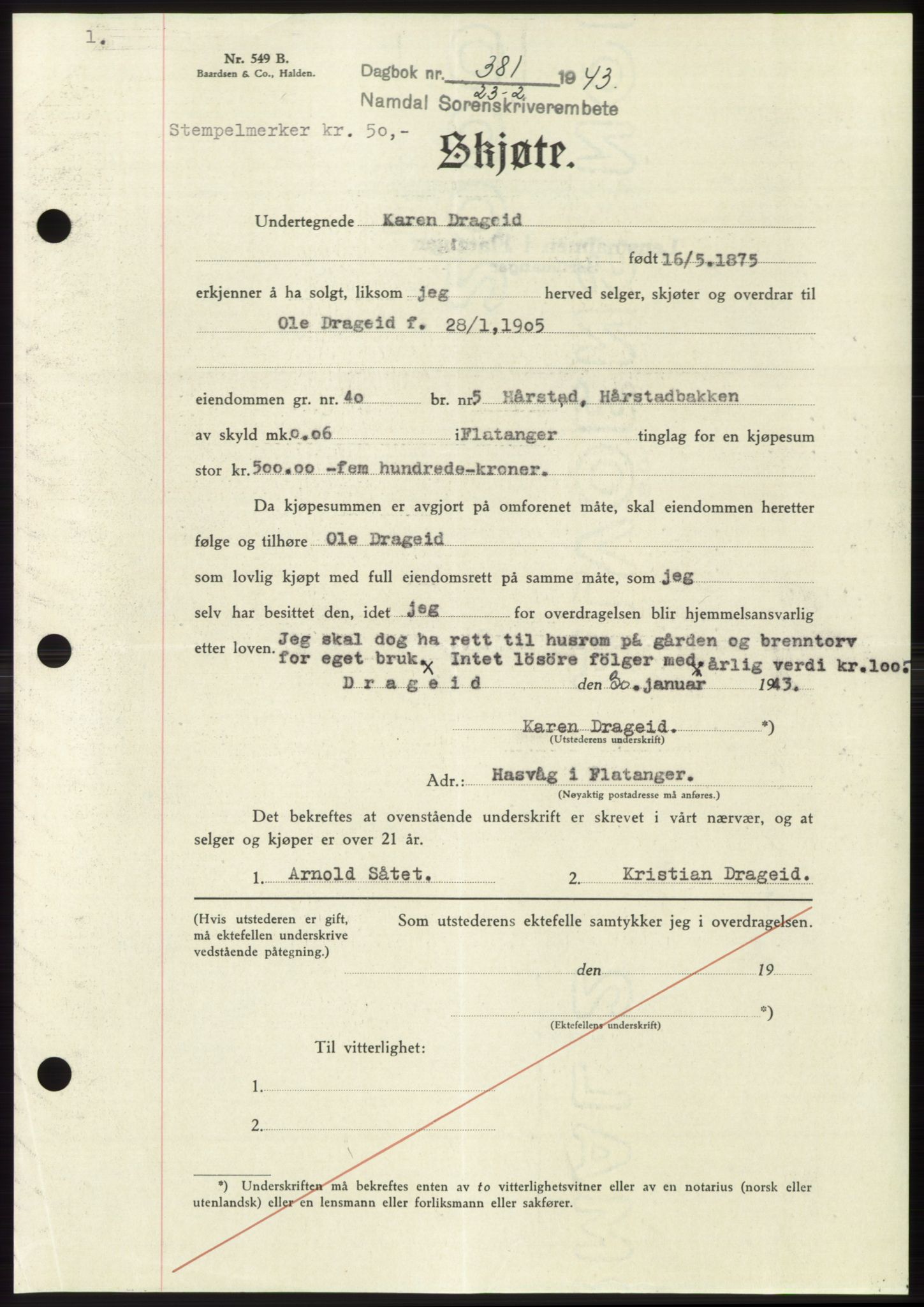 Namdal sorenskriveri, SAT/A-4133/1/2/2C: Pantebok nr. -, 1942-1943, Dagboknr: 381/1943