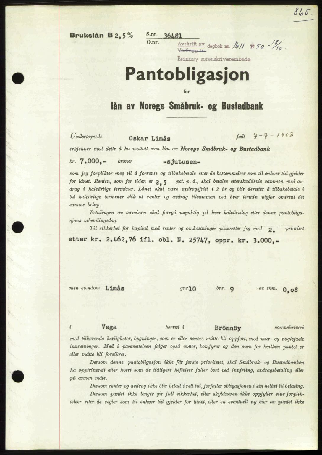 Brønnøy sorenskriveri, SAT/A-4170/1/2/2C: Pantebok nr. 36, 1950-1950, Dagboknr: 1611/1950
