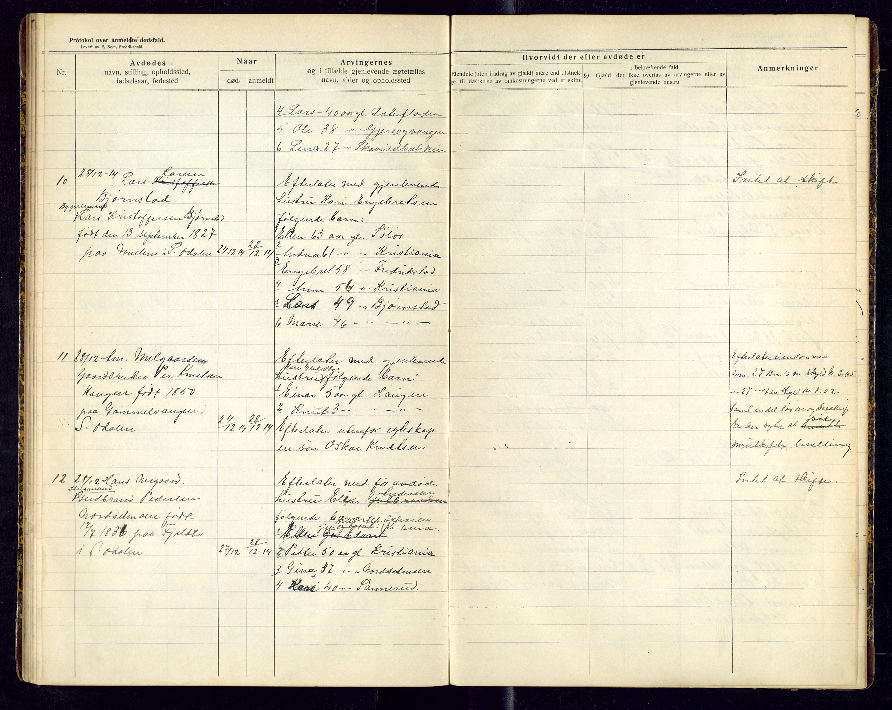 Sør-Odal lensmannskontor, AV/SAH-LHS-022/H/Hb/L0002/0001: Protokoller over anmeldte dødsfall / Protokoll over anmeldte dødsfall, 1913-1915