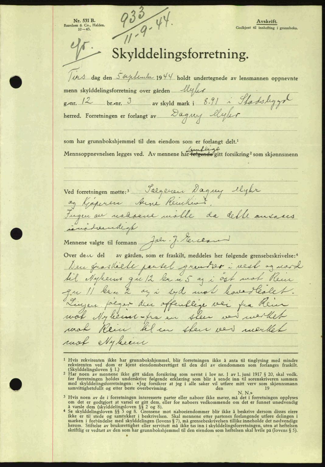 Fosen sorenskriveri, AV/SAT-A-1107/1/2/2C: Pantebok nr. A3, 1943-1945, Dagboknr: 933/1944