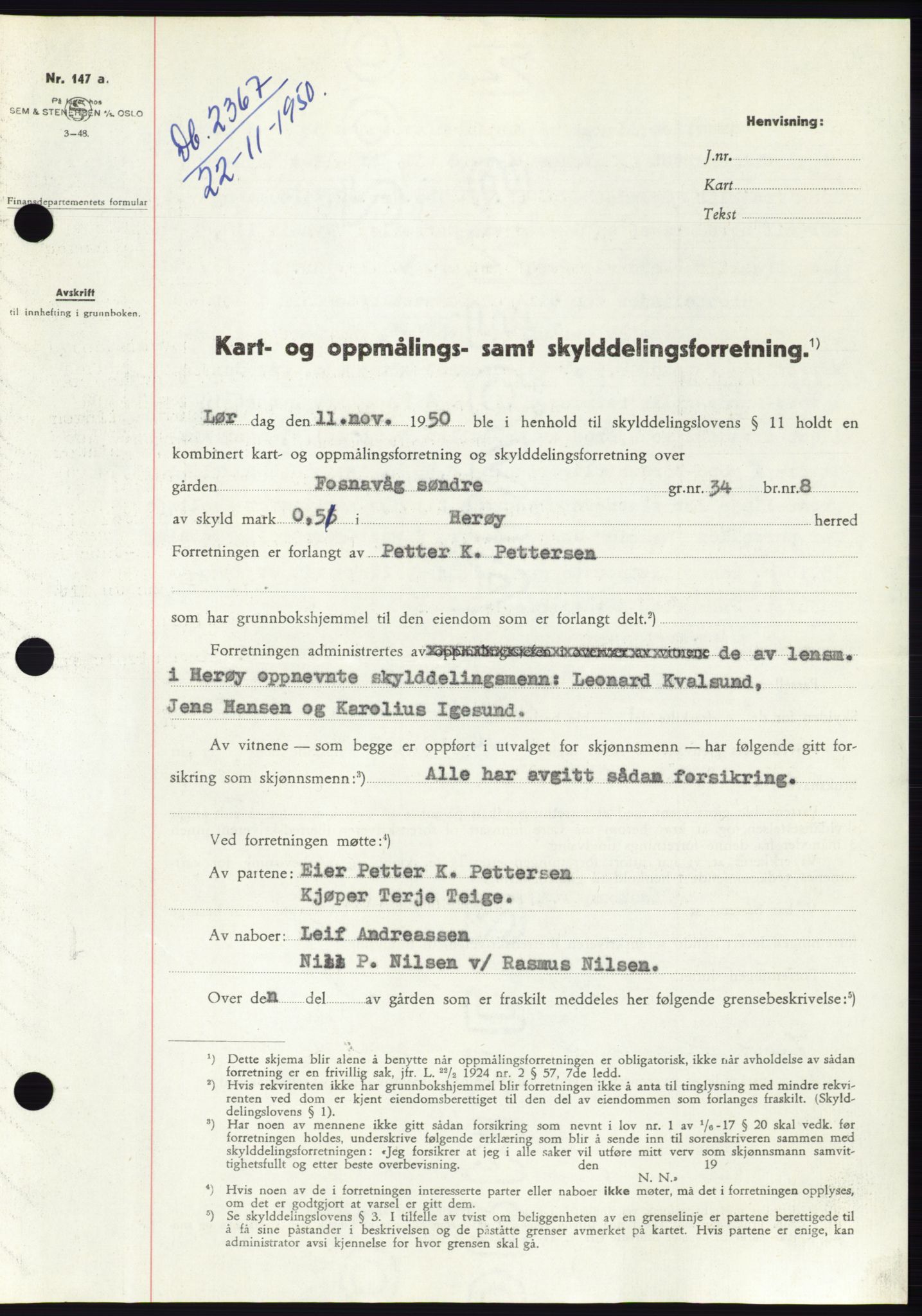Søre Sunnmøre sorenskriveri, SAT/A-4122/1/2/2C/L0088: Pantebok nr. 14A, 1950-1951, Dagboknr: 2367/1950
