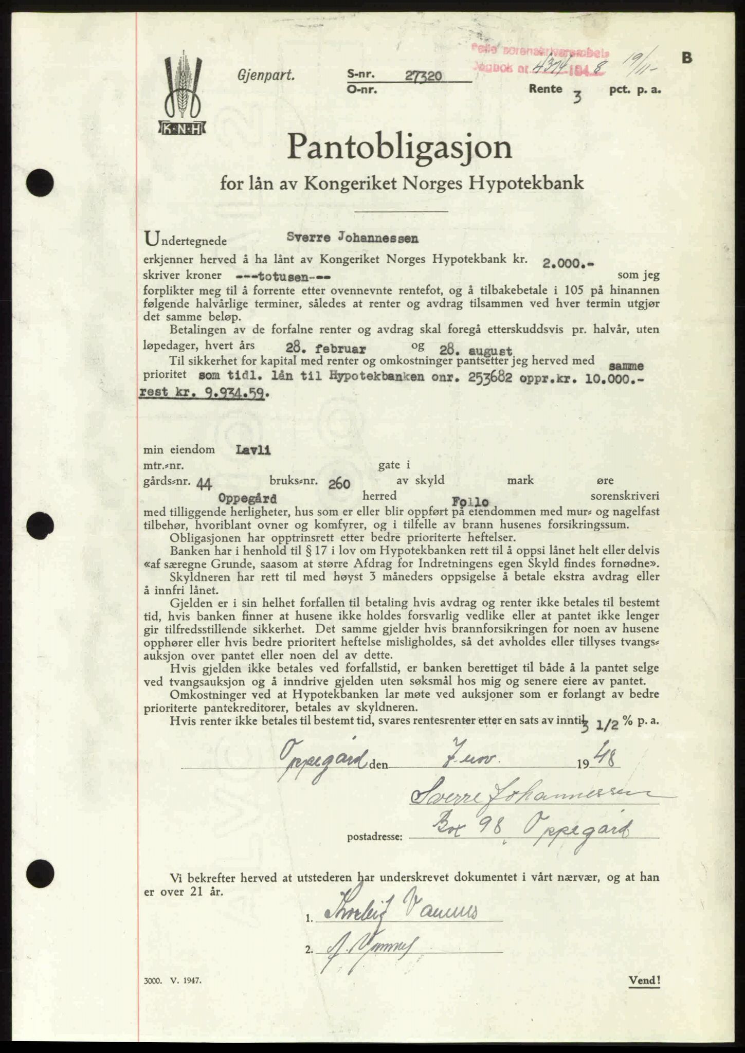 Follo sorenskriveri, SAO/A-10274/G/Ga/Gaa/L0085: Pantebok nr. I 85, 1948-1948, Dagboknr: 4374/1948