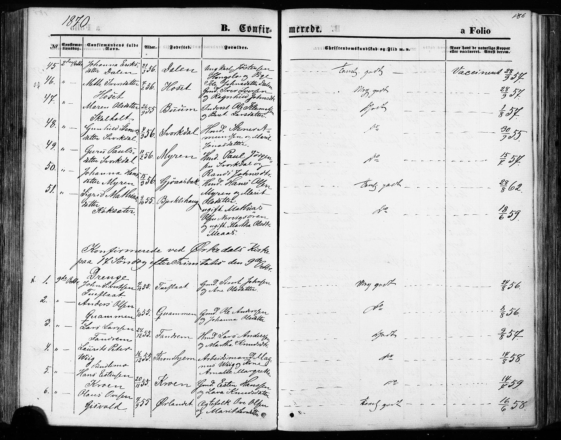 Ministerialprotokoller, klokkerbøker og fødselsregistre - Sør-Trøndelag, SAT/A-1456/668/L0807: Ministerialbok nr. 668A07, 1870-1880, s. 186