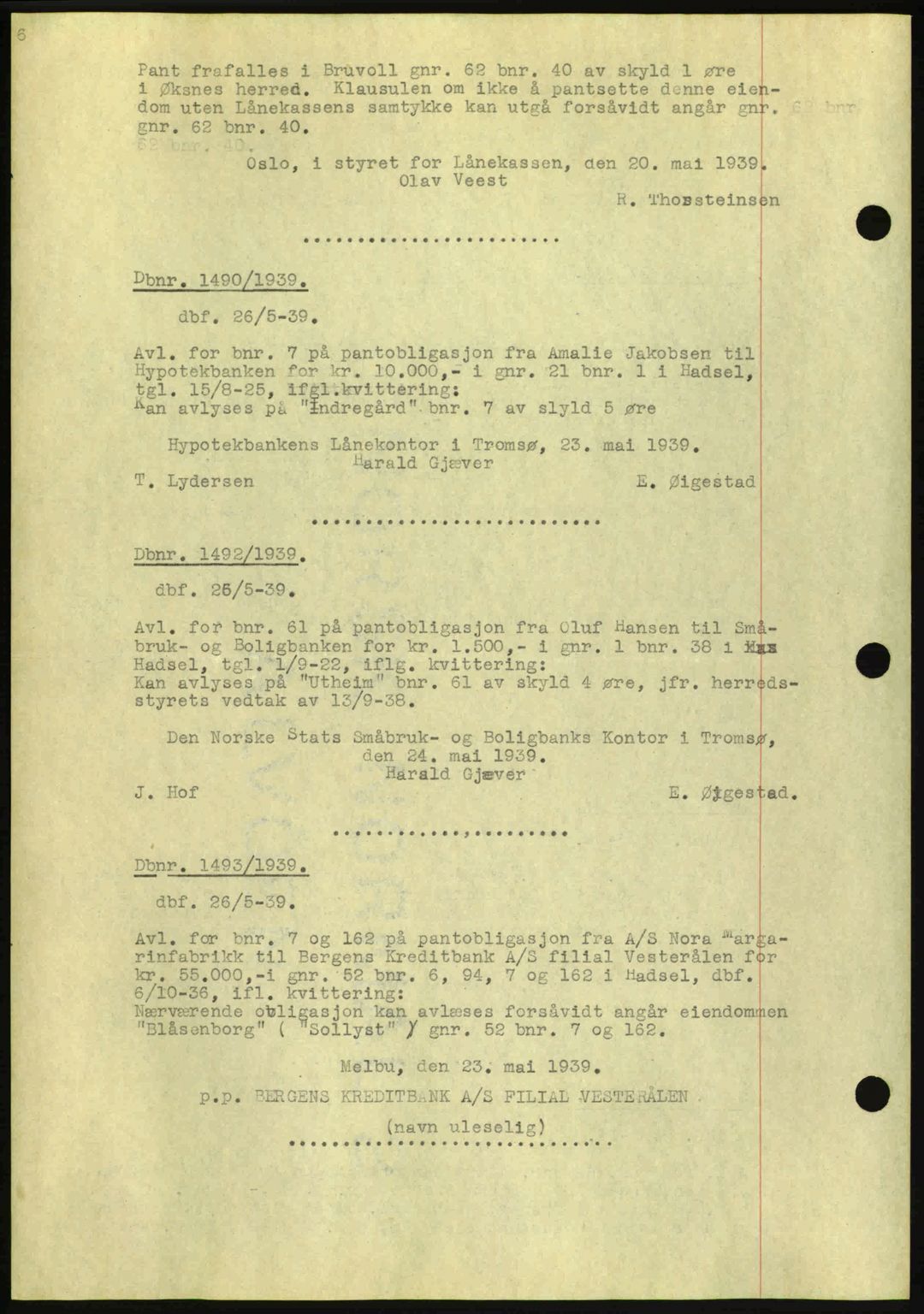 Vesterålen sorenskriveri, AV/SAT-A-4180/1/2/2Ca: Pantebok nr. B6-10, 1938-1941, Dagboknr: 1461/1939