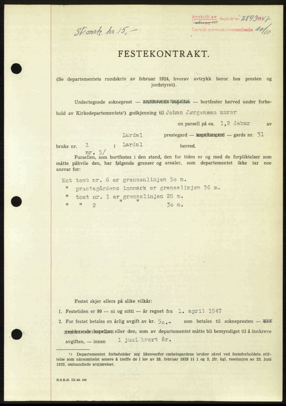 Larvik sorenskriveri, SAKO/A-83/G/Ga/Gab/L0085: Pantebok nr. A-19, 1947-1948, Dagboknr: 2893/1947