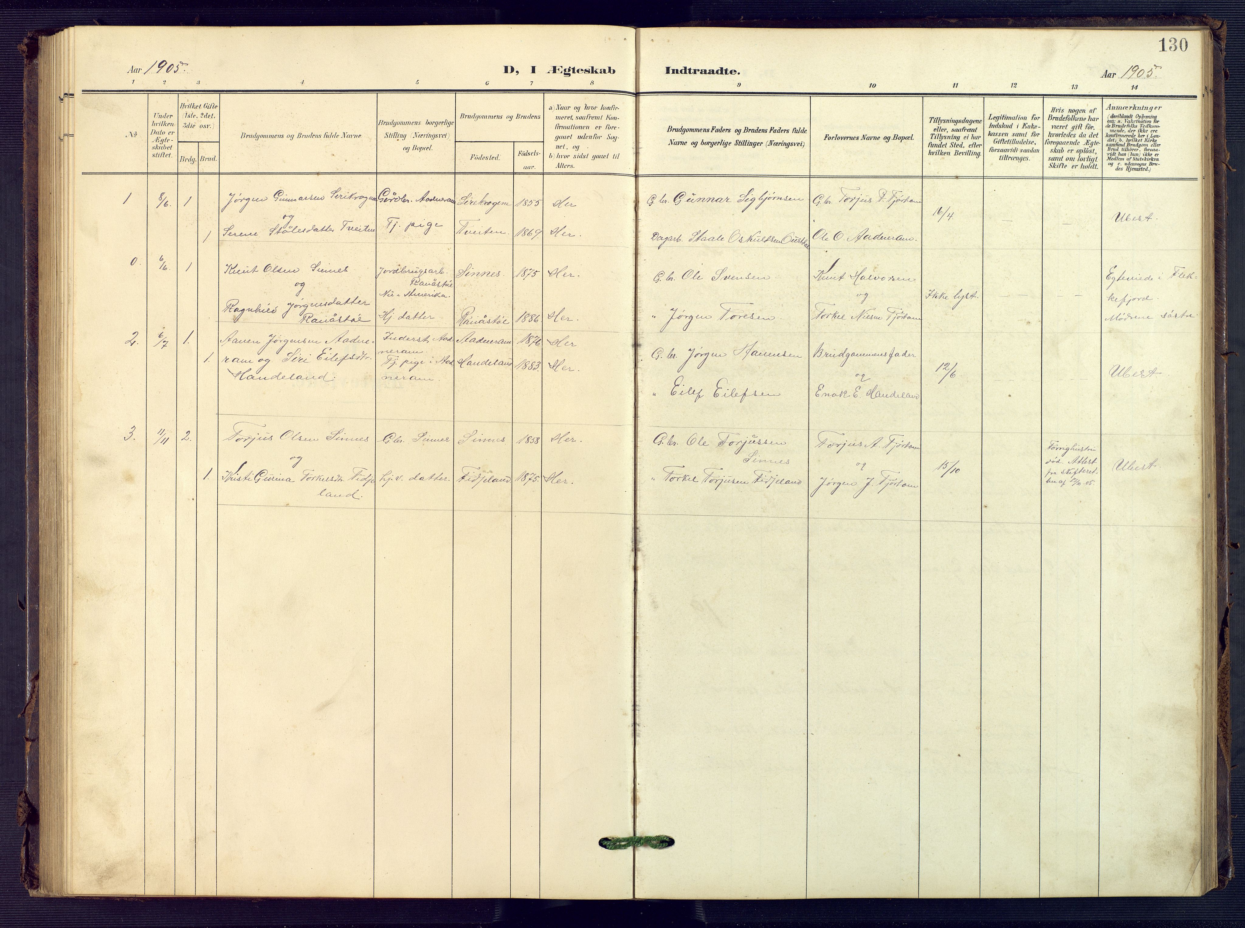 Sirdal sokneprestkontor, SAK/1111-0036/F/Fb/Fba/L0002: Klokkerbok nr. B 2, 1905-1958, s. 130