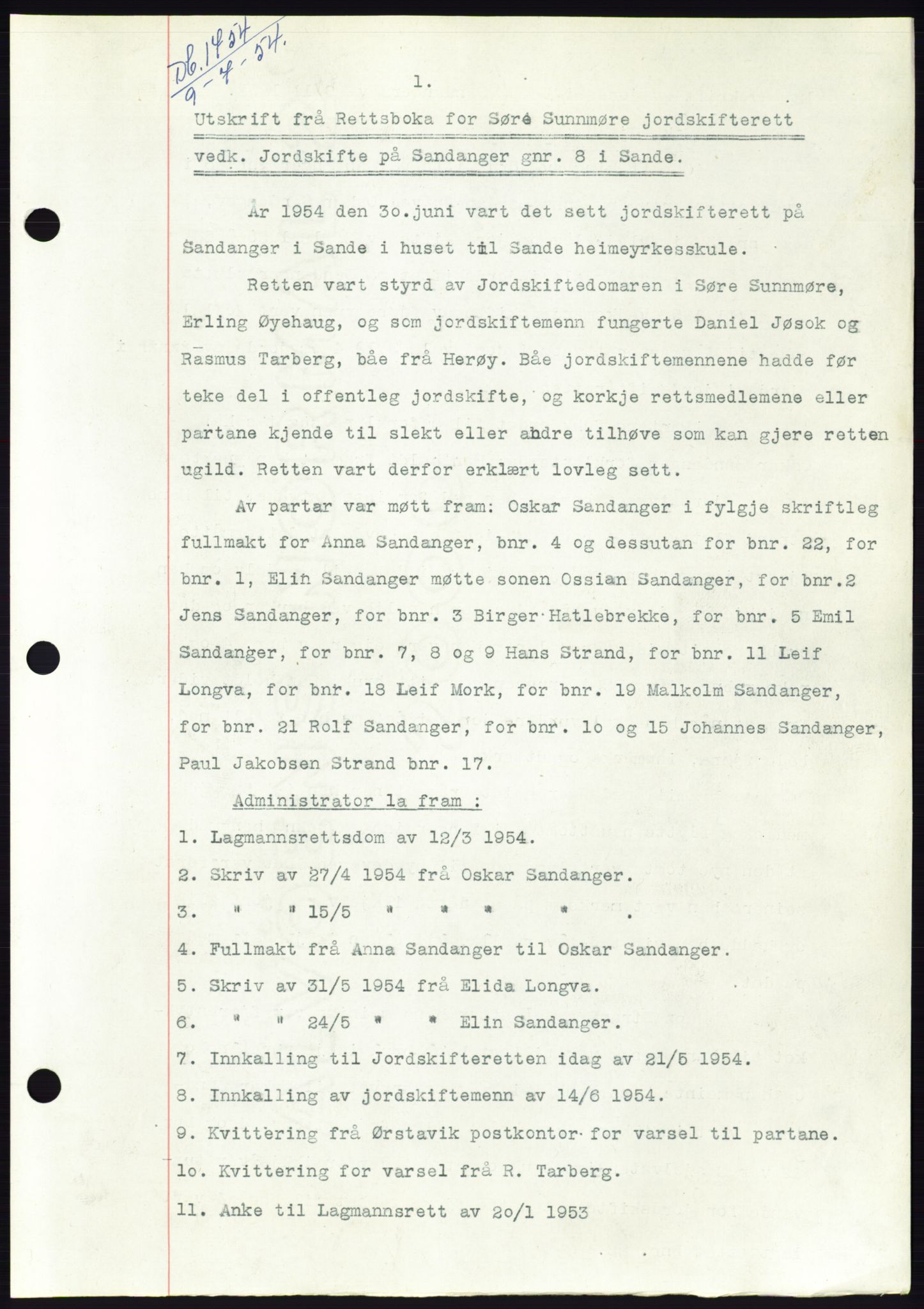 Søre Sunnmøre sorenskriveri, SAT/A-4122/1/2/2C/L0098: Pantebok nr. 24A, 1954-1954, Dagboknr: 1754/1954