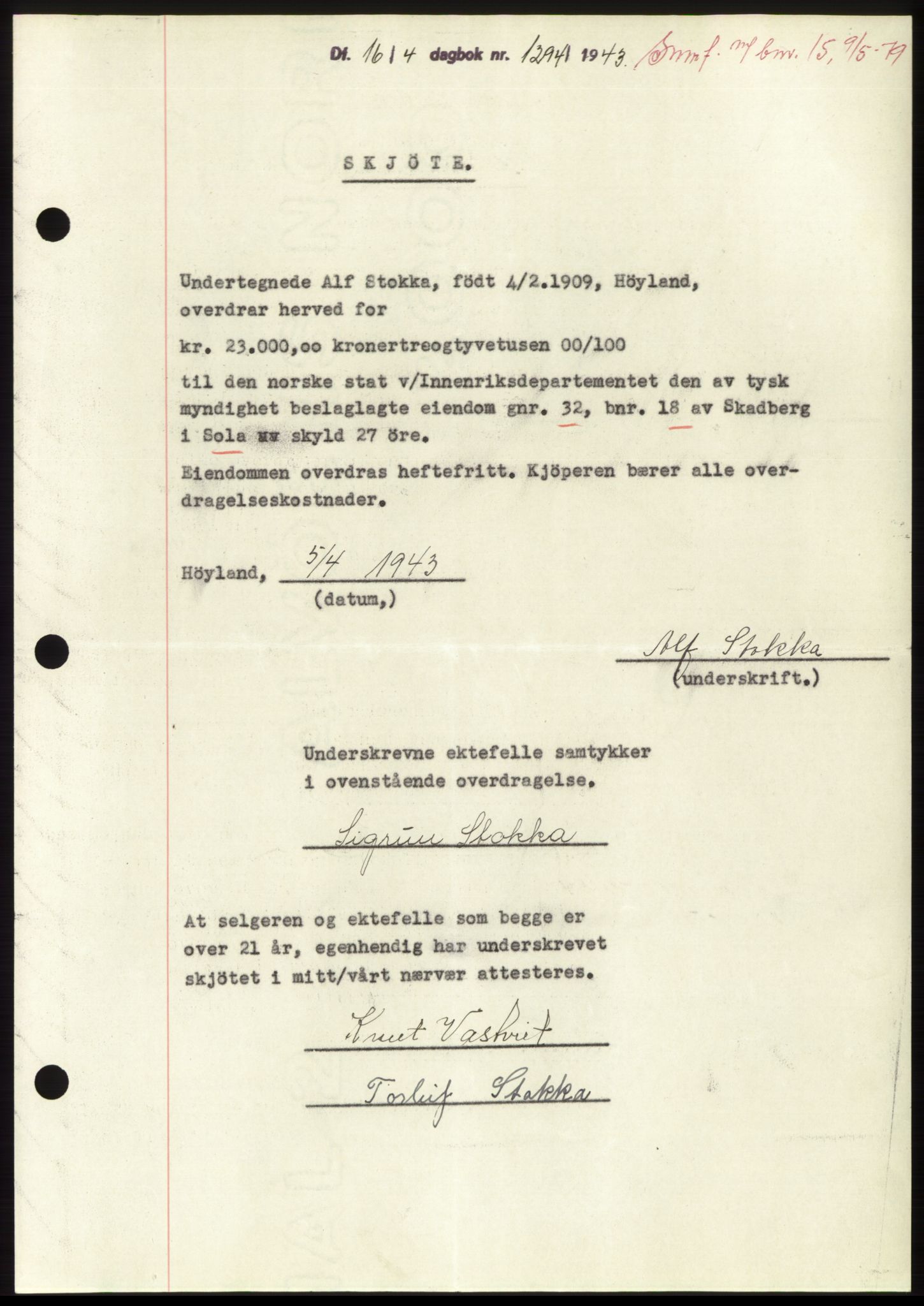Jæren sorenskriveri, SAST/A-100310/03/G/Gba/L0082: Pantebok, 1942-1942, Dagboknr: 1294/1943
