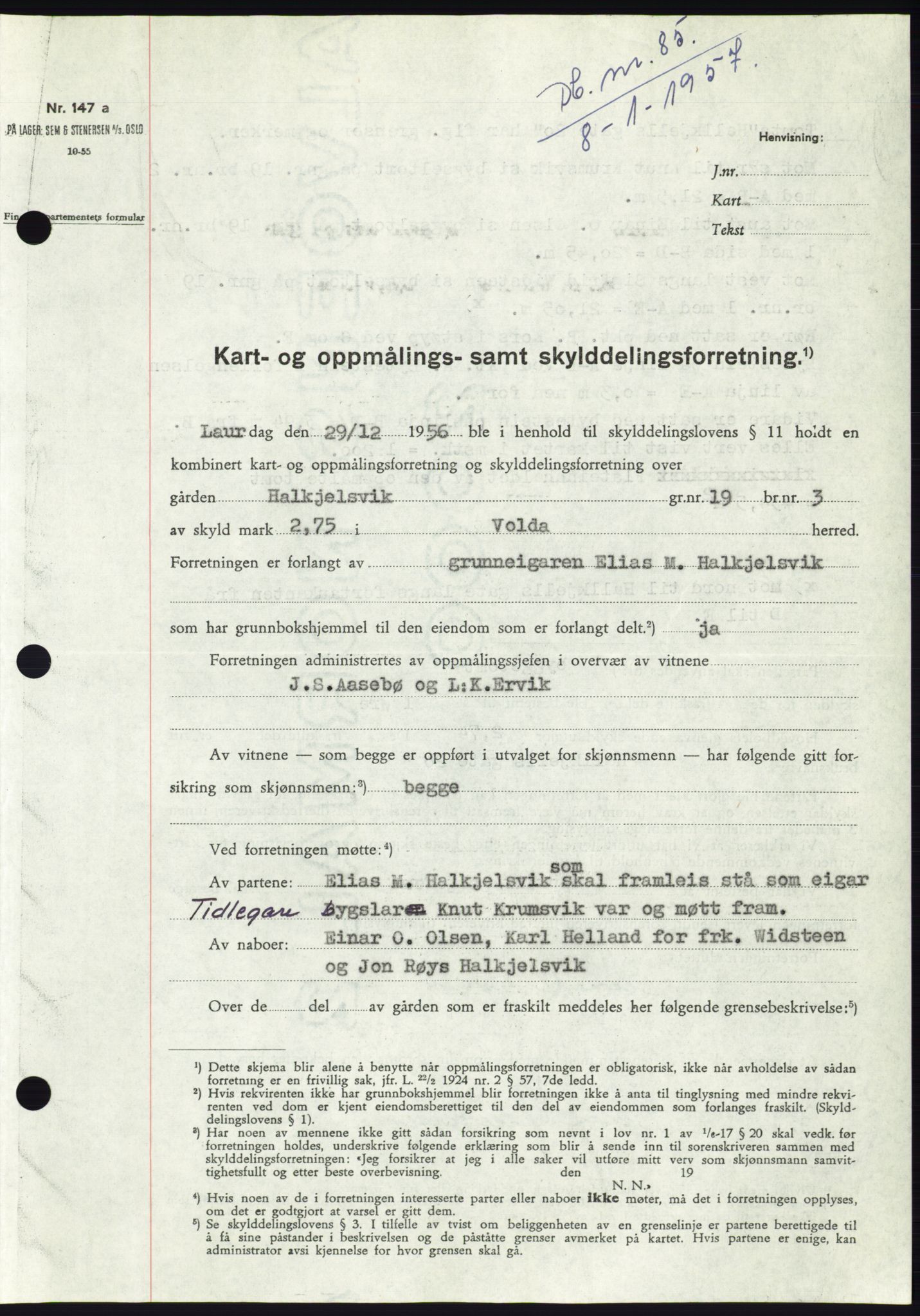 Søre Sunnmøre sorenskriveri, SAT/A-4122/1/2/2C/L0105: Pantebok nr. 31A, 1956-1957, Dagboknr: 85/1957