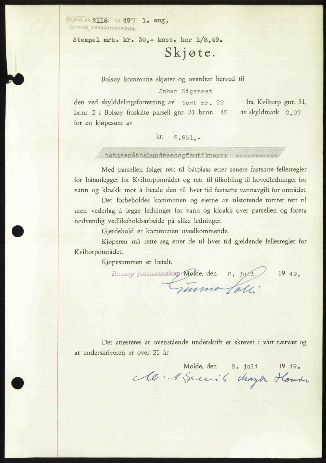 Romsdal sorenskriveri, SAT/A-4149/1/2/2C: Pantebok nr. A30, 1949-1949, Dagboknr: 2116/1949