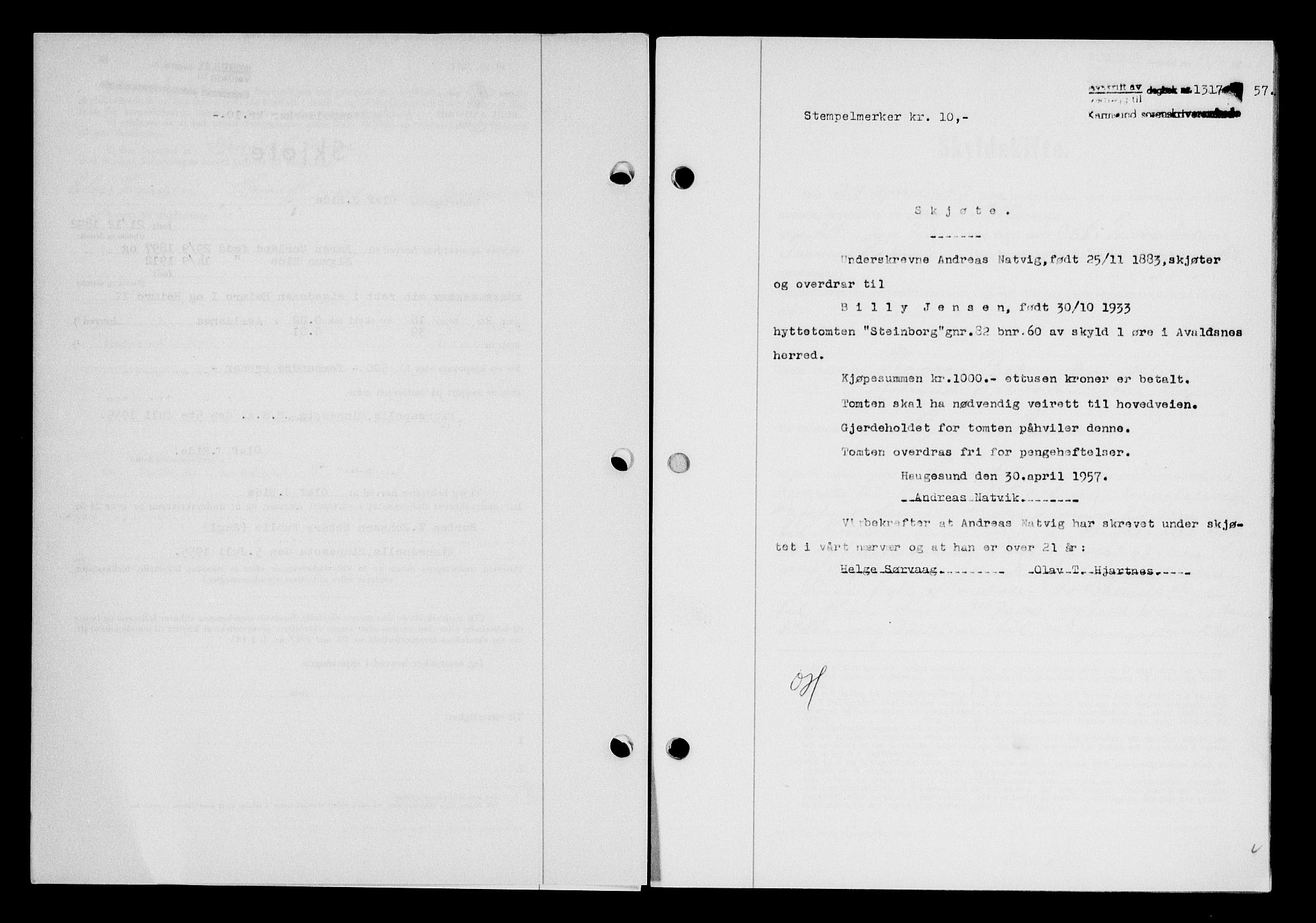 Karmsund sorenskriveri, SAST/A-100311/01/II/IIB/L0124: Pantebok nr. 104A, 1957-1957, Dagboknr: 1317/1957
