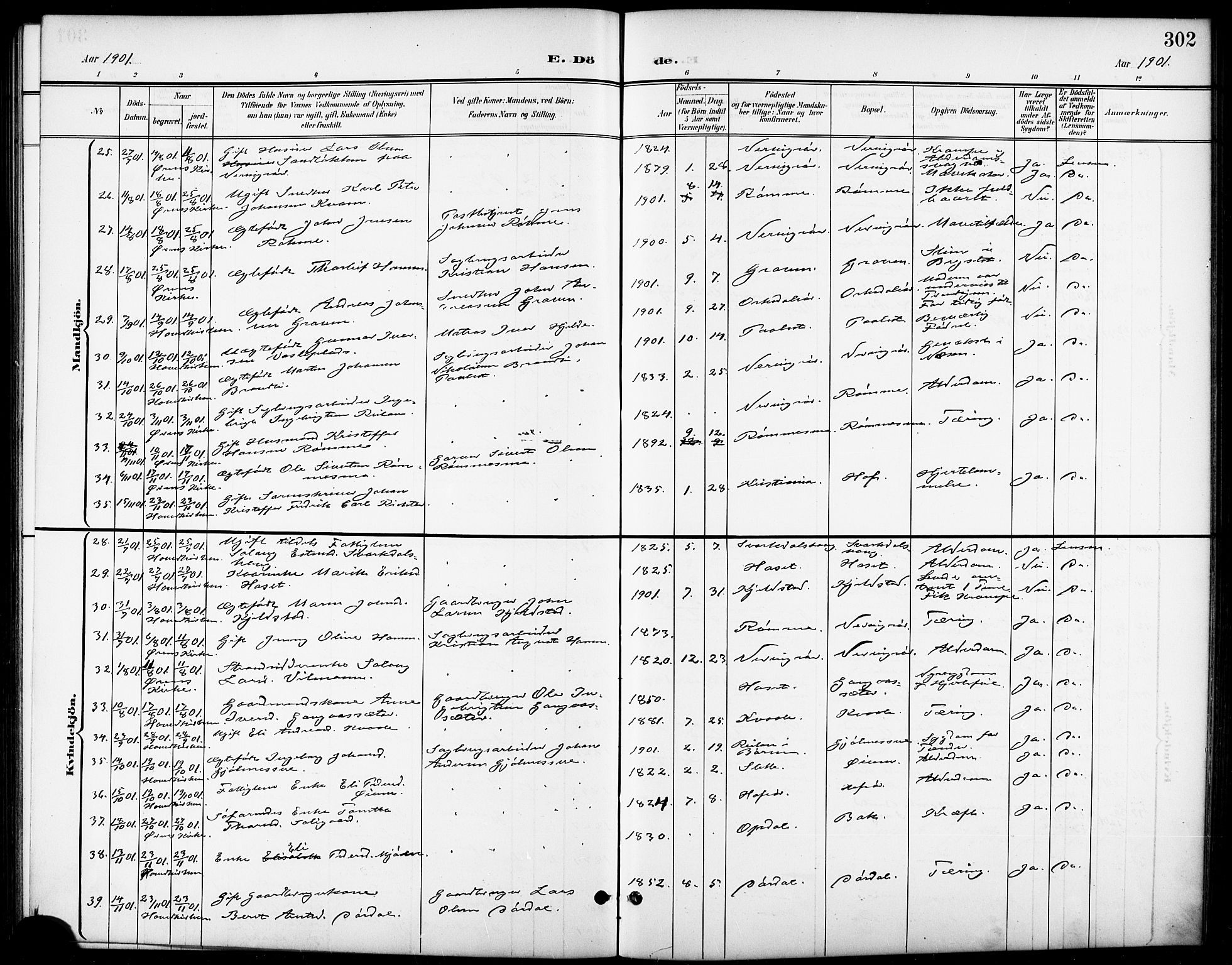 Ministerialprotokoller, klokkerbøker og fødselsregistre - Sør-Trøndelag, SAT/A-1456/668/L0819: Klokkerbok nr. 668C08, 1899-1912, s. 302